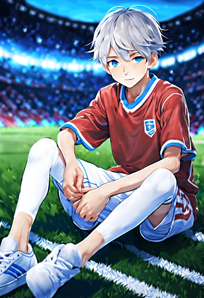 masterpiece,best quality,4k quality,unparalleled clarity,full body character,whole body, Delicate face,
a boy,sports student,Handsome boy,cute,,anime characters,blue eyes,smirk,male focus,Gray hair is messy,White tights on the upper body,Wear White Tights,White basketball shoes,sitting position,white socks,soccer field background,Facing the audience,Spread your legs and your face is clear