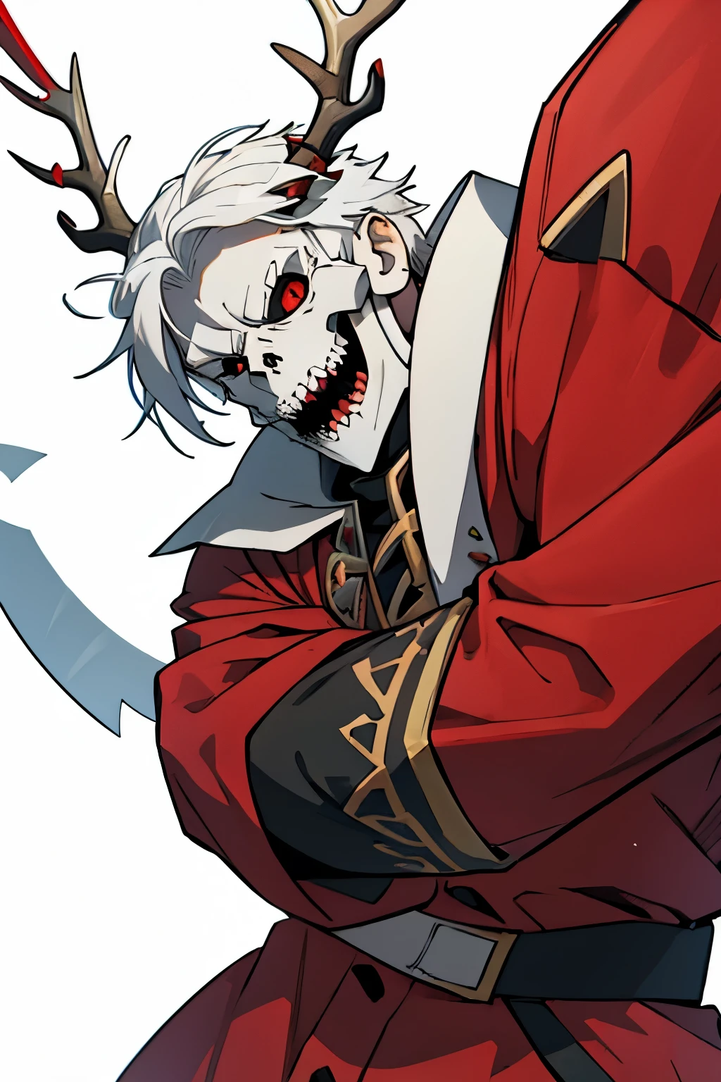 ((illustration)), (best quality)), ((masterpiece)), (detailed), ((white background)), RedGarb, solo, 1boy, male focus, long sleeves, skull, ((short white hair)), shad0wmancer, ink, (swirling black ink), (antlers), red eyes, sharp teeth, open mouth, laughing, long tongue, stark_sousou_no_frieren, split,