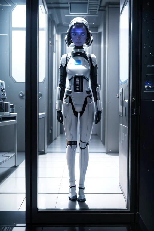 room view，A group of people are standing around, Imperial officer in white, Movie hologram, Holograms hover around her, Star Wars movie screenshots, Depicted as a science fiction scene, Alien screenshots, visual effects shoot, Someone is doing experiments inside, Ridley Scott movie stills, data holograms, At the Interstellar Headquarters