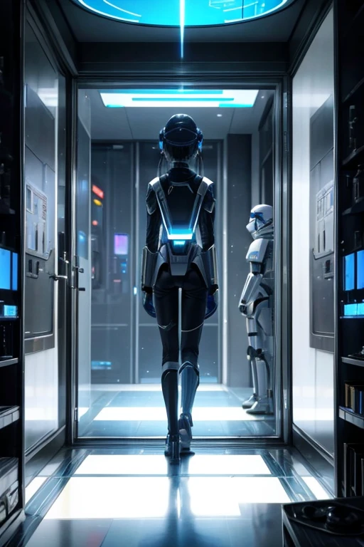 room view，A group of people are standing around, Imperial officer in white, Movie hologram, Holograms hover around her, Star Wars movie screenshots, Depicted as a science fiction scene, Alien screenshots, visual effects shoot, Someone is doing experiments inside, Ridley Scott movie stills, data holograms, At the Interstellar Headquarters