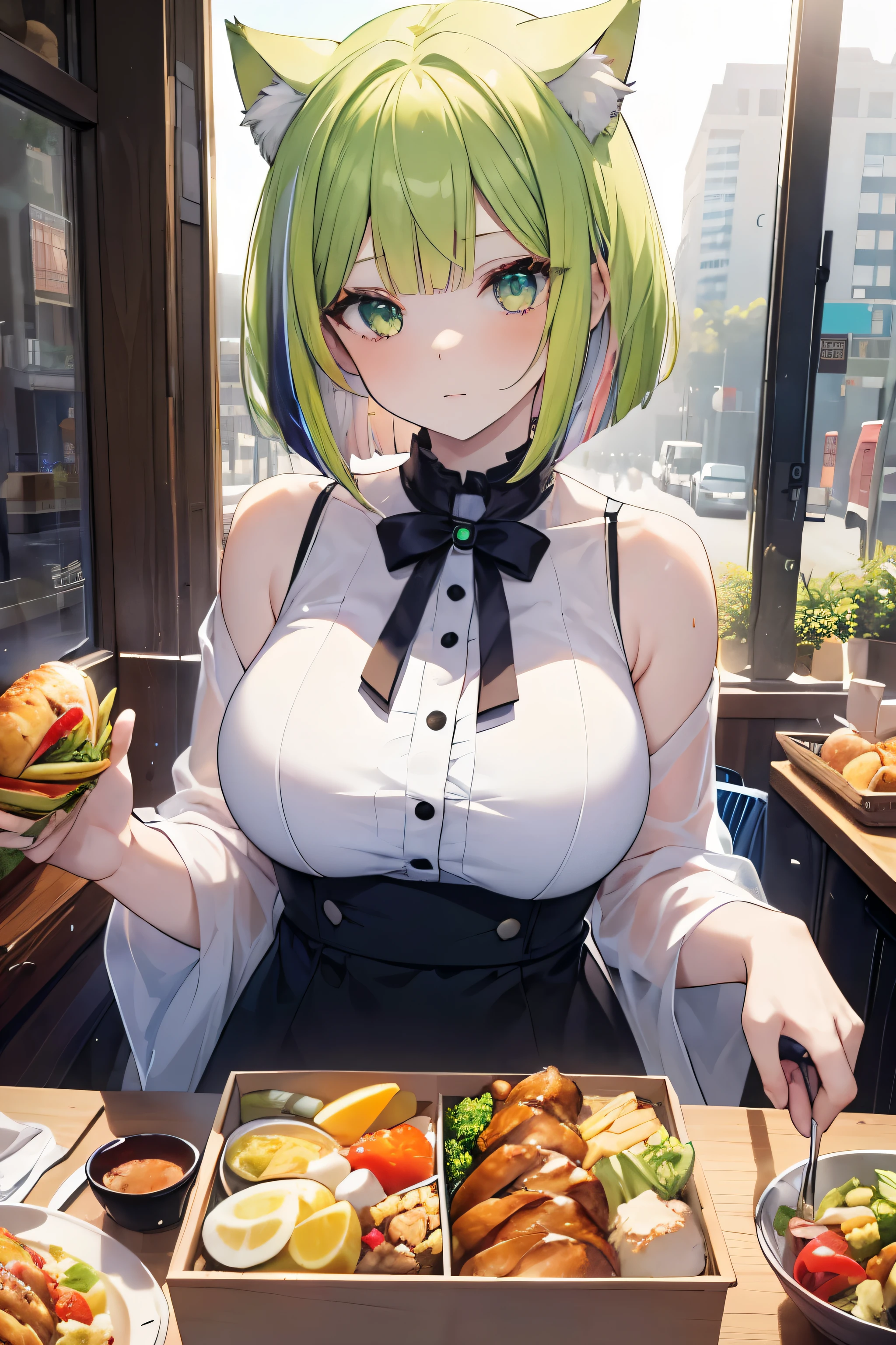 ((masterpiece)), ((best quality)), ((8K)), high resolution, 1girl, cat ears,city, pale skin, large breasts, green eye, multicolored hair, bob cut, gift box, noon, lunch, chicken,