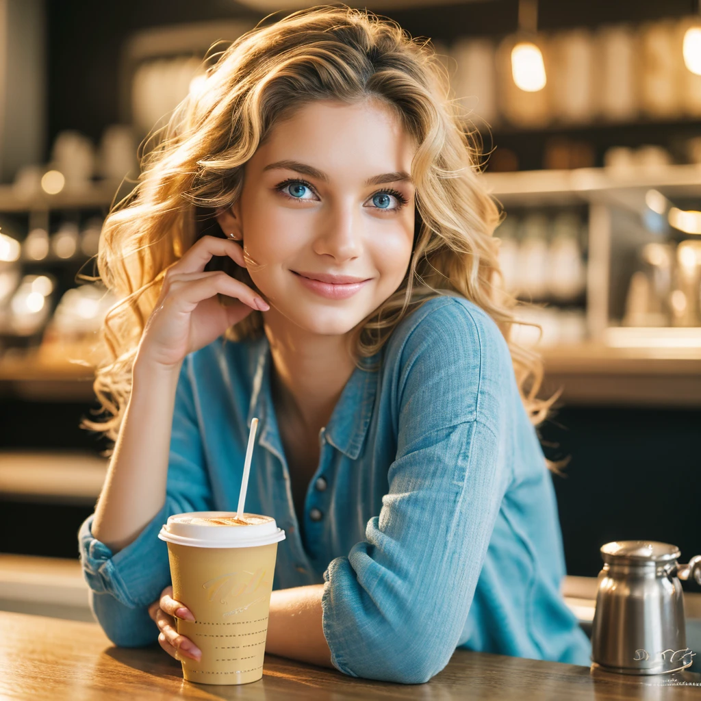 Cute beautiful blonde (Drink coffee in a modern café at sunset), very detailed, 21 years old, innocent face, natural wavy hair, blue eyes, High resolution, masterpiece, highest quality,intricate details, very detailed,sharp focus, fine skin,realistic skin texture,texture, fine eyes, Professional, 4K, Chalmer Smile, Photographed with Canon, 85mm,shallow depth of field,kodak vision color, perfectly fitted body, very detailed, photograph_\(ultra\), photographrealistic, realistic, Post-processing, maximum details, roughness, real life, ultra realistic, photographrealism, photographgraphy, 8K UHD, photographgraphy