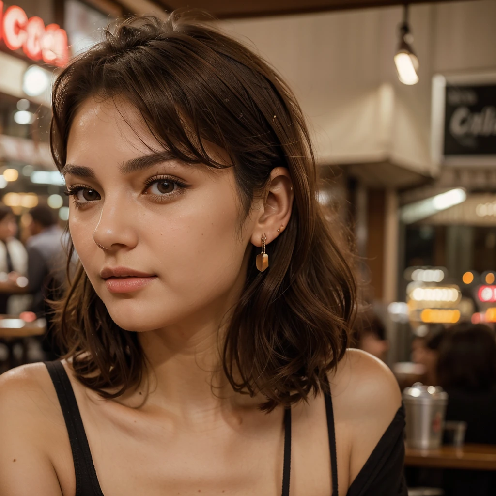 Realistic: 1.2), analog photo, selfie, ultra detailed, film grain, with, photorealistic, with woman, 21 year old girl, cinematic lights, she is on a vibrant Istanbul city street at night, red skirt, dressed in a black T-shirt , she has a very natural face, thin lips, thin eyes, thin eyebrows, thin nose, earrings, long eyelashes. She takes a cute selfie in a cafe (brown hair) (short curly hair, messy hair, stylish cut) thin face, thin nose, beautiful, very beautiful, perfect face, slender body (thin), (brown hair) (skin white)