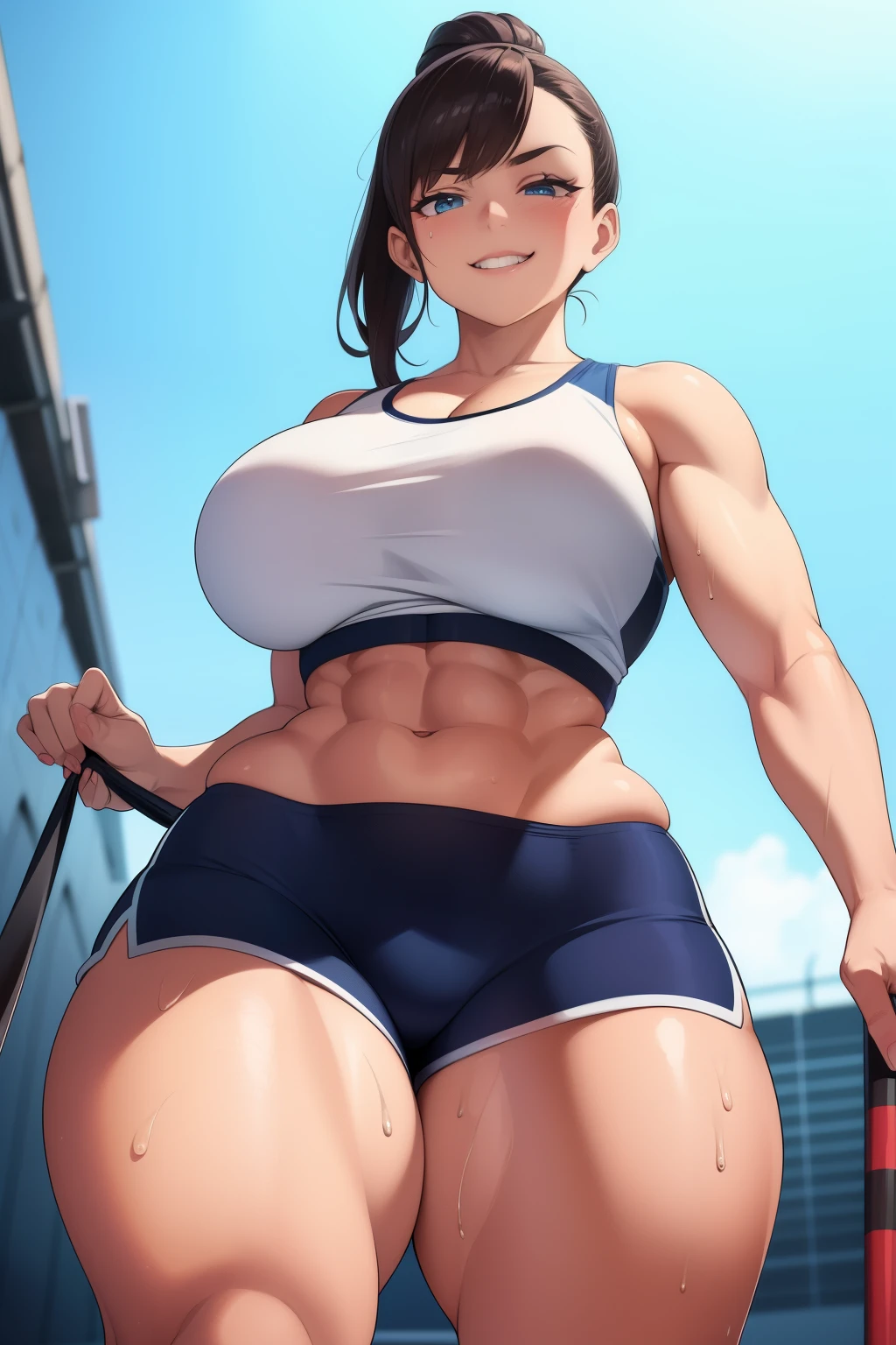 Woman in a sport outfit, sport bra, shorts, sweaty clothes, sweaty, curvy, busty, smirk, evil, thick thighs, abs, view from below, looking down, looking at viewer