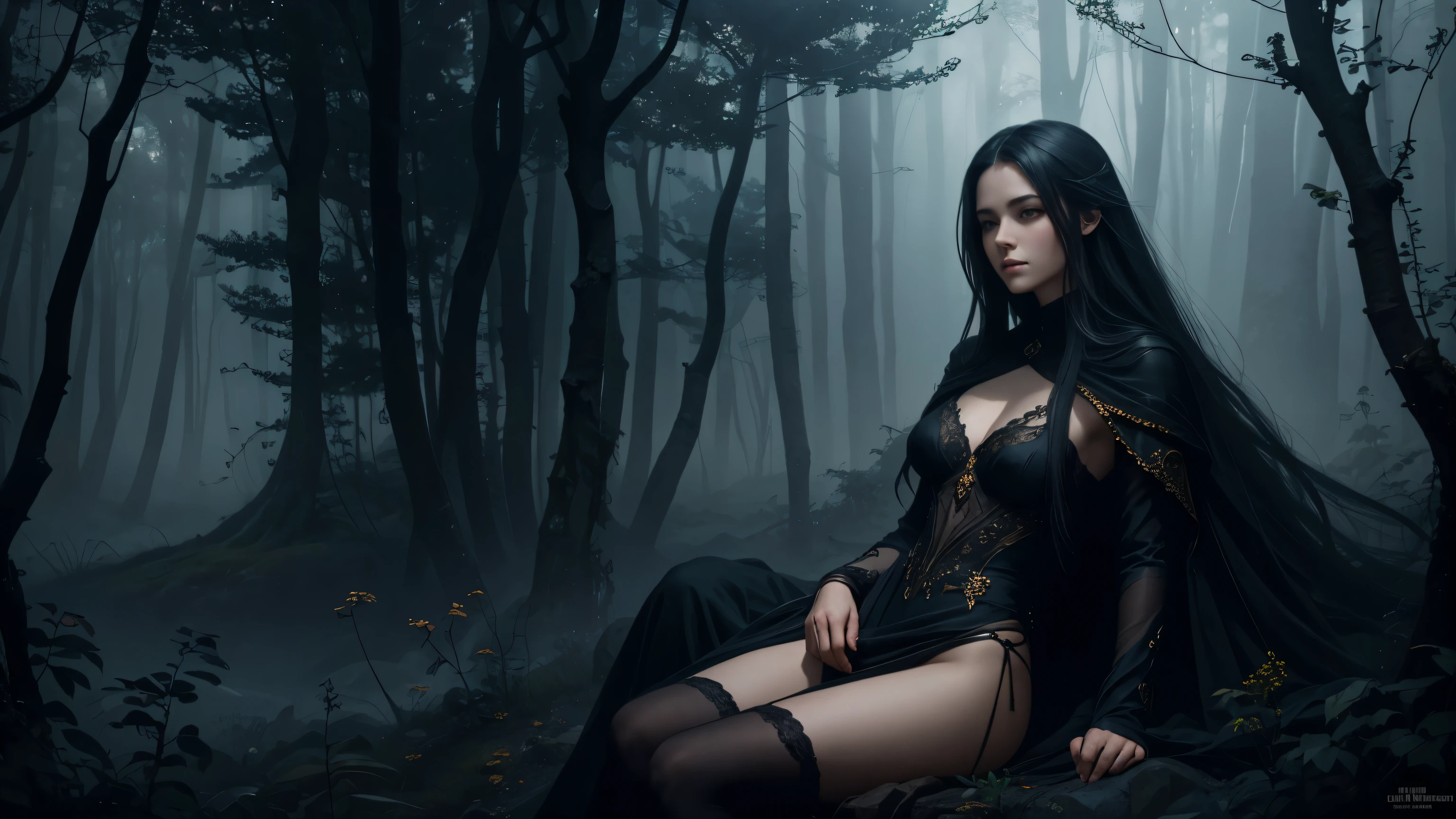 8K Ultra HD, high detail, top quality, Full Length, in the artistic style of Gerald Brom, provocative girl sitting in a translucent black tunic. In a mysterious and enchanting world, dark fog envelops the scene, as if hiding something deep. Among this fog, the figure of a girl with flowing hair and eyes appears, shimmering with otherworldly light. The image conveys her tenderness, but a powerful presence., her ethereal beauty contrasts with the darkness surrounding her. The foggy atmosphere gives the work of art mystery and fabulousness.., giving it an almost surreal look. picture, Masterfully executed, showcases intricate detail and vibrant colors, that bring the scene to life. He invites us into a fascinating world, where memories are shrouded in layers of uncertainty., Waiting for the solution.