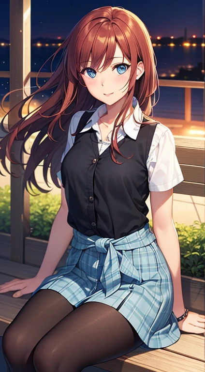 ((best quality, high resolution, pixel perfect, 4K))), 1girl in, single, alone, Beauty、see whole body、 ((Long hair to waist, Short Liuhai, reddish brown hair)), ((blue eyes, beautiful eyelashes, realistic eyes)), ((Detailed face, blush:1.2)), ((smooth texture:0.75, lifelike质感:0.65, lifelike:1.1, Anime CG style)), medium breasts, Perfect body, ((short sleeve shirt, light blue skirt, Plaid skirt,Black tights)), smile in love, Sitting cross-legged on a bench, Lift your skirt with both hands、(The wind is strong and blows my hair，The chest is exposed、Black tights) , Night view platform