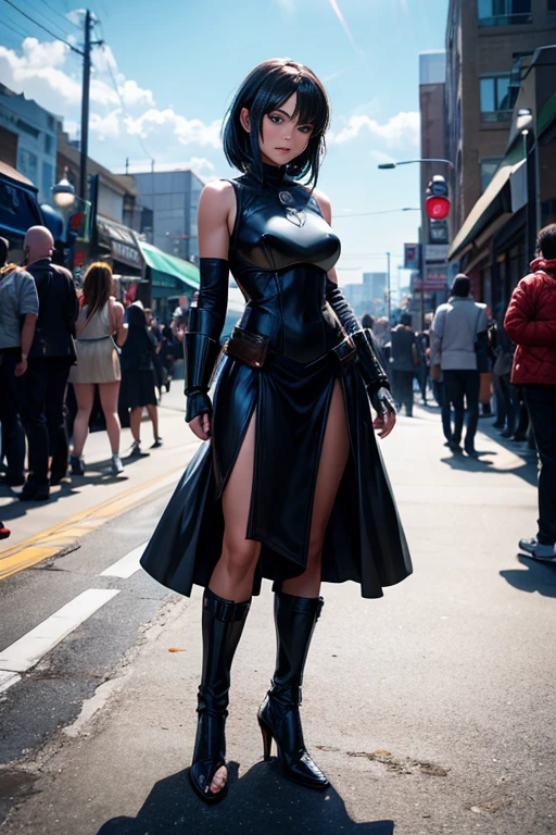 A woman in a black dress stands next to, From The Mandalorian (2019), 《The Mandalorian Show》remains, Mandalorian armor, with plasma guns, Depicted as a science fiction scene, Star Wars截图, 《Star Wars》Imperial agents are here , Boba Fett stills, The Mandalorian