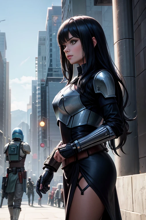 A woman in a black dress stands next to, From The Mandalorian (2019), 《The Mandalorian Show》remains, Mandalorian armor, with plasma guns, Depicted as a science fiction scene, Star Wars截图, 《Star Wars》Imperial agents are here , Boba Fett stills, The Mandalorian