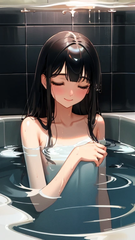 {{{{amazing quality, great quality, high quality, very aesthetic, aesthetic, best quality}}}},
realistic, photo, shadow, Three-dimensional, absurdres, Digital art,
{{{{Magical girl}}}}, beautiful girl, one girl,
black hair, long straight hair, hair, trimmed hair, shiny hair, blunt bangs, short sideburns,
brown eyes, tareme,
{{{flat chest}}}, {{small breasts}}, {{{detailed body}}}, slim thighs, thin thighs,
Completely nude, upper body, get wet, take a bath, cloudy liquid, Immerse yourself in the cloudy liquid up to your waist, smile, wet hair, I take a shower, closed eyes,