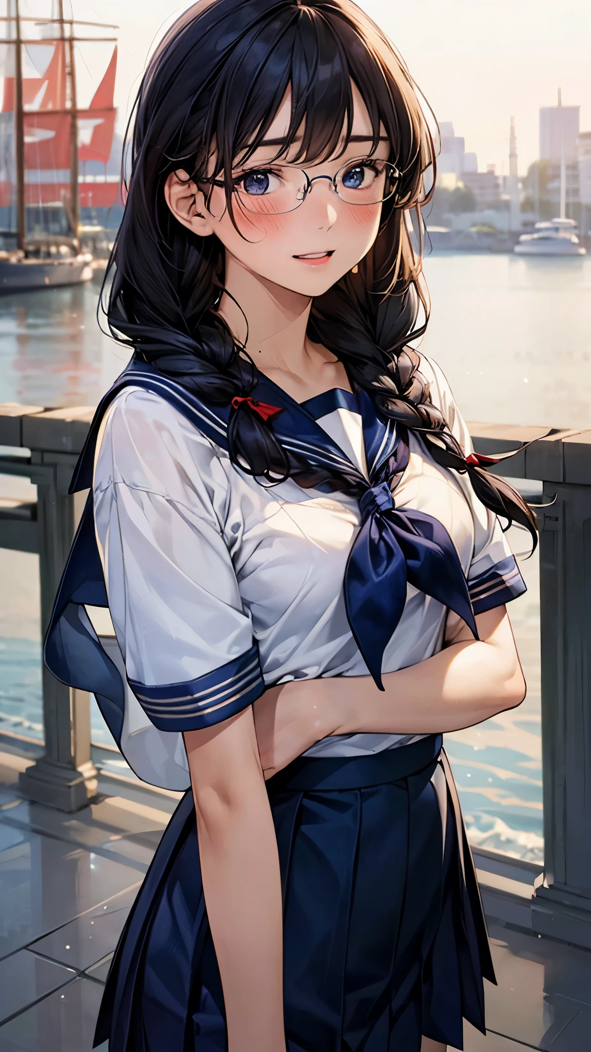 (masterpiece:1.2, top-quality), (realistic, photorealistic:1.4), beautiful illustration, (natural side lighting, movie lighting), 
looking at viewer, upper body, (front view), 1 girl, japanese, , perfect face, cute and symmetrical face, shiny skin, babyface, 
( hair, twin braids, straight hair:1.2, black hair), braided bangs, blue eyes, (middle breasts), 
beautiful hair, beautiful face, beautiful detailed eyes, beautiful clavicle, beautiful body, beautiful chest, beautiful thigh, beautiful legs, beautiful fingers, 
((short sleeves, all navy cute sailor suit, navy pleated skirt, navy sailor collar, red sailor scarf)), black-rimmed glasses, 
(beautiful scenery), evening, street, walking, (half-open mouth, full-face blush), 