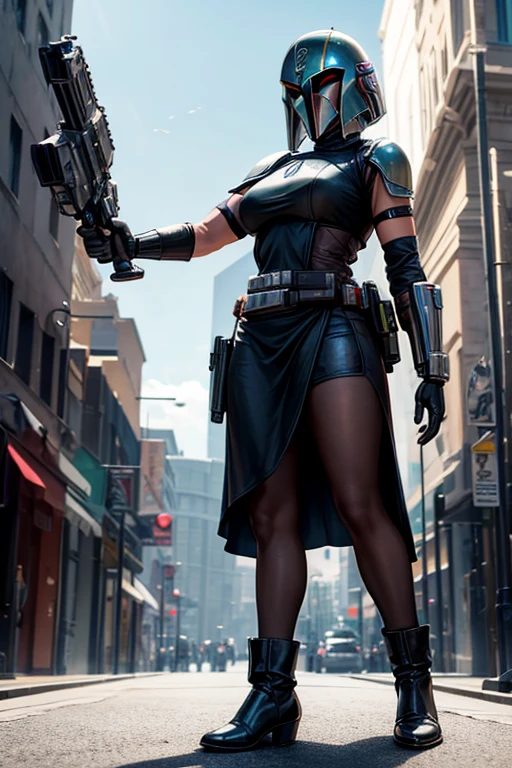 A woman wearing a black dress stands next to a robot. From The Mandalorian (2019), "The Mandalorian Show" is still depicted as a sci-fi scene. The woman is wearing Mandalorian armor and carrying a plasma gun. The scene is reminiscent of a screenshot from a Star Wars movie, featuring Imperial agents and a portrayal of Boba Fett.