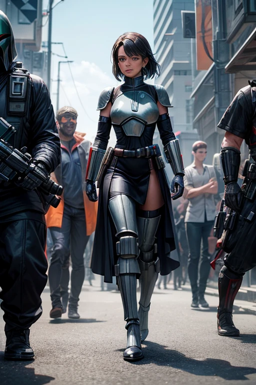 A woman wearing a black dress stands next to a robot. From The Mandalorian (2019), "The Mandalorian Show" is still depicted as a sci-fi scene. The woman is wearing Mandalorian armor and carrying a plasma gun. The scene is reminiscent of a screenshot from a Star Wars movie, featuring Imperial agents and a portrayal of Boba Fett.