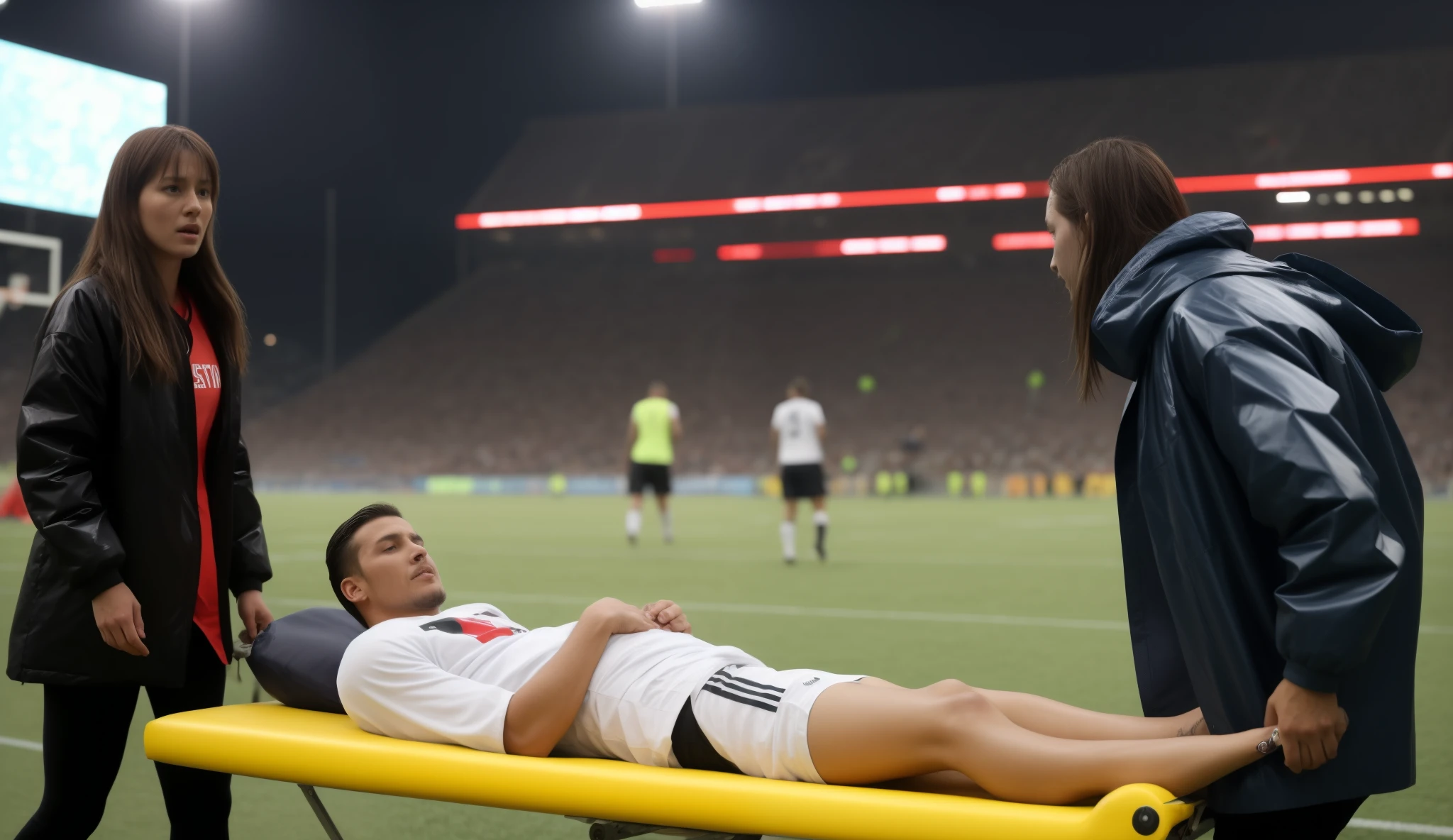 Soccer player is taken away on a stretcher, There is a man lying on his back on a stretcher with his hands grabbing his hurting leg, a man in a t-shirt and sports shorts has put his hands on his injured leg, the man has an agonised face looking to the sky, two horny looking longhaired and ponytailed women that are wearing very shiny coats, there are longhaired women with horny faces wearing laquered puffy coats, longhaired women are walking in wetlook puffy coats, several women walking around a football field with an injured athlete on a stretcher, the injured athlete on the stretcher is grabbing his injured leg with both hands, the women look very worried, behind the women there is a frightening atmosphere, there is heavy rainfall in the background, video still, behind the scenes, pity, china, erotic, horny, drama, very shiny orange vinyl fabric