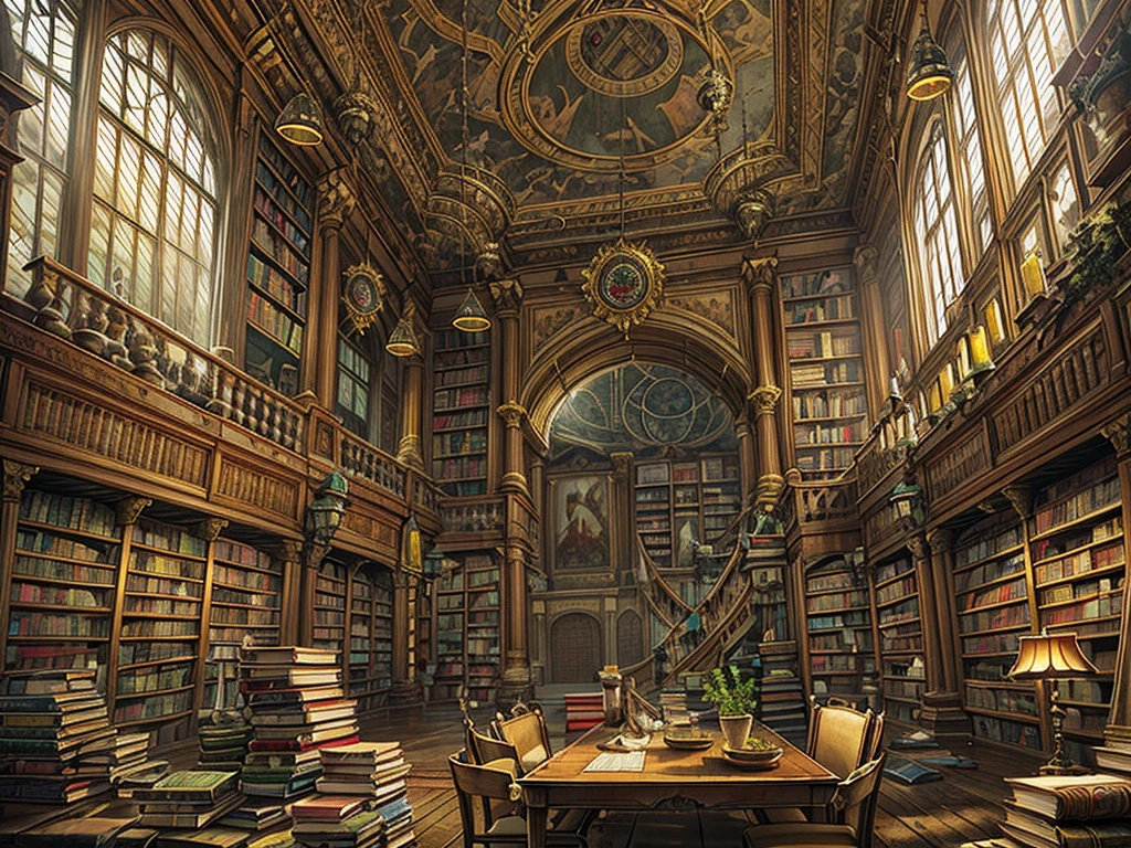 (((masterpiece、Highest image quality、highest quality、highly detailed unity 8kwallpaper)))、(((fantasy、grand library)))、(Large amount of books、Lined bookshelves、stage、3Storey)、high ceilings、dimly lit room、A messy floor with piles of books