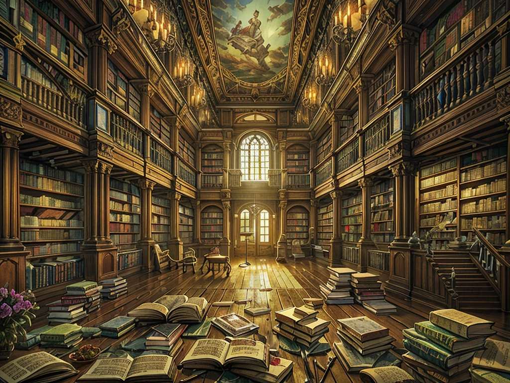 （（（masterpiece、Highest image quality、highest quality、highly detailed unity 8ｋwallpaper）））、（（（fantasy、grand library）））、（Large amount of books、Lined bookshelves、stage、３Storey）、high ceilings、dimly lit room、A messy floor with piles of books