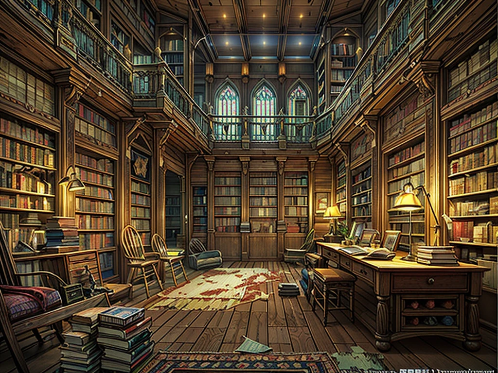 (((masterpiece、Highest image quality、highest quality、highly detailed unity 8kwallpaper)))、(((fantasy、grand library)))、(Large amount of books、Lined bookshelves、stage、3Storey)、high ceilings、dimly lit room、A messy floor with piles of books