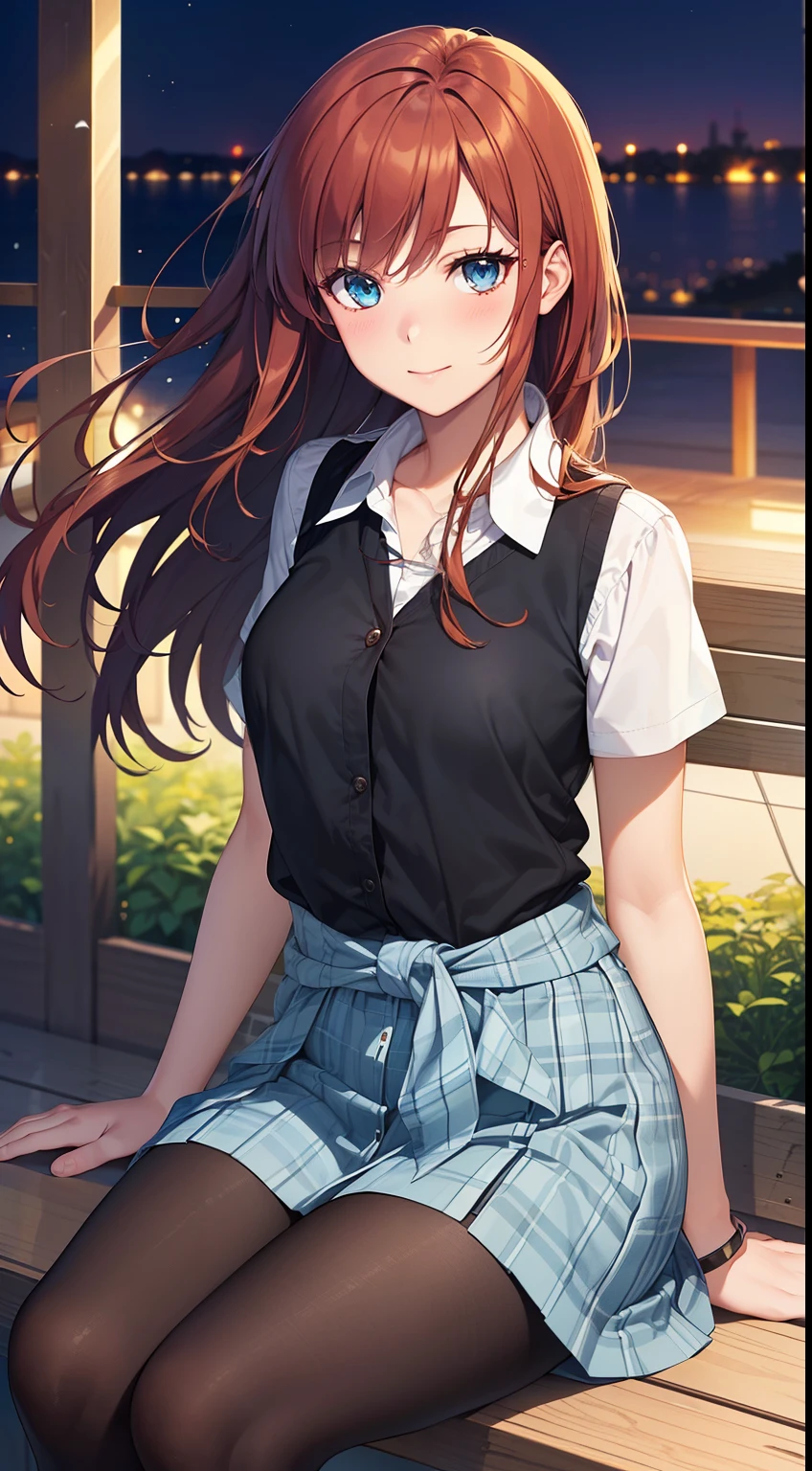 ((best quality, high resolution, pixel perfect, 4K))), 1girl in, single, alone, Beauty、see whole body、 ((Long hair to waist, Short Liuhai, reddish brown hair)), ((blue eyes, beautiful eyelashes, realistic eyes)), ((Detailed face, blush:1.2)), ((smooth texture:0.75, lifelike质感:0.65, lifelike:1.1, Anime CG style)), medium breasts, Perfect body, ((short sleeve shirt, light blue skirt, Plaid skirt,Black tights)), smile in love, Sitting cross-legged on a bench, Lift your skirt with both hands、(The wind is strong and blows my hair,The chest is exposed、Black tights) , Night view platform