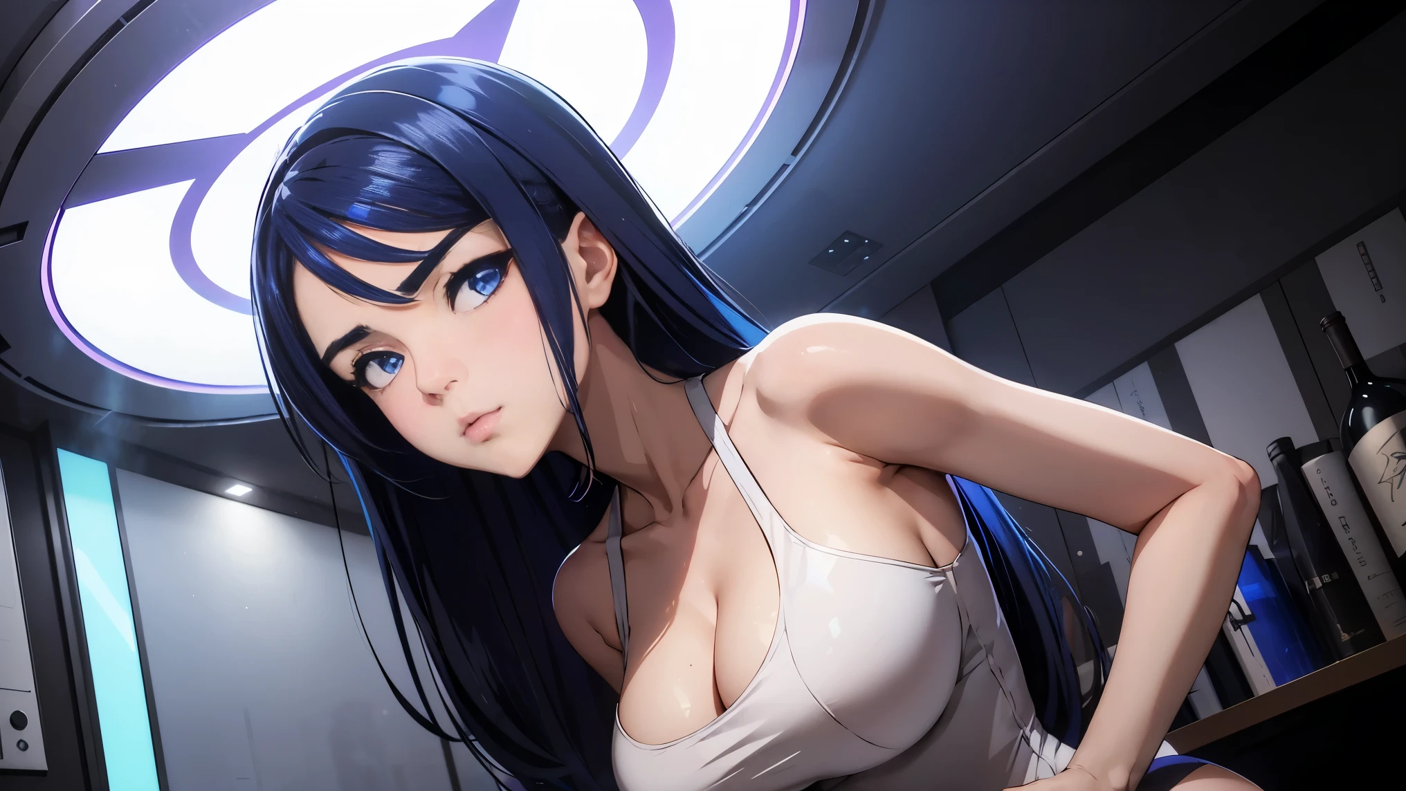 cool synthwave anime girl , dark blue hair , blue eyes , rainy time , underground dance club , whole body shot, big brest, (Perfect thick white eyebrows) Delicate fur, 详细s face, s the perfect face, At a in an underground dance club , (Drink a glass of wine while standing), Comfortable background, perfect decoration, lighting atmosphere, ((Bonifasko lighting)), (The round lenses on his eyes)(詳細な目), Perfect student, face close up