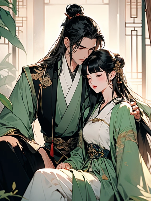 (best quality), ((masterpiece)), (highres), illustration, original, extremely detailed,licg, 1girl, 1boy, hair bun, black hair, white hair, chinese clothes, long sleeves, sitting, long hair, bangs, double bun, closed eyes, hanfu, hair ornament, black pants, blunt bangs