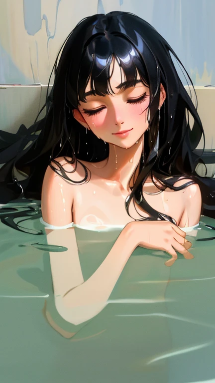 ((Masterpiece)), ((Best Quality)), Illustration, One Girl, Hair color, Bangs, Hairstyle Fax, Portrait from waist up, Nude, Bathing, Ladies, Cat ears, Light green long hair, Gray eyes, Hair spread over the surface of the water, Dull bangs, Smile, Bubble bath