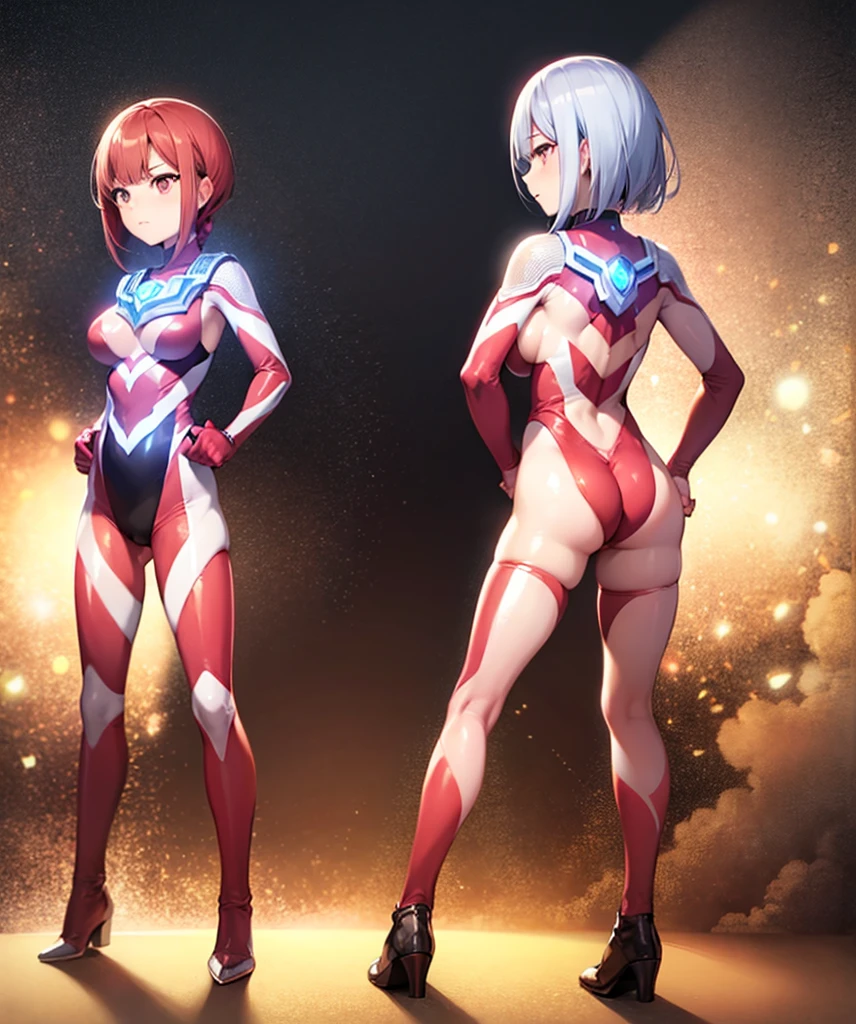 red haired woman,red hair,short bob,Braided hair,red eyes, (Ultra Girl :1.0), silver and red ultraman bodysuit,big breasts,Put your hands on your hips,fist,Turn your back to your audience,back view,butt