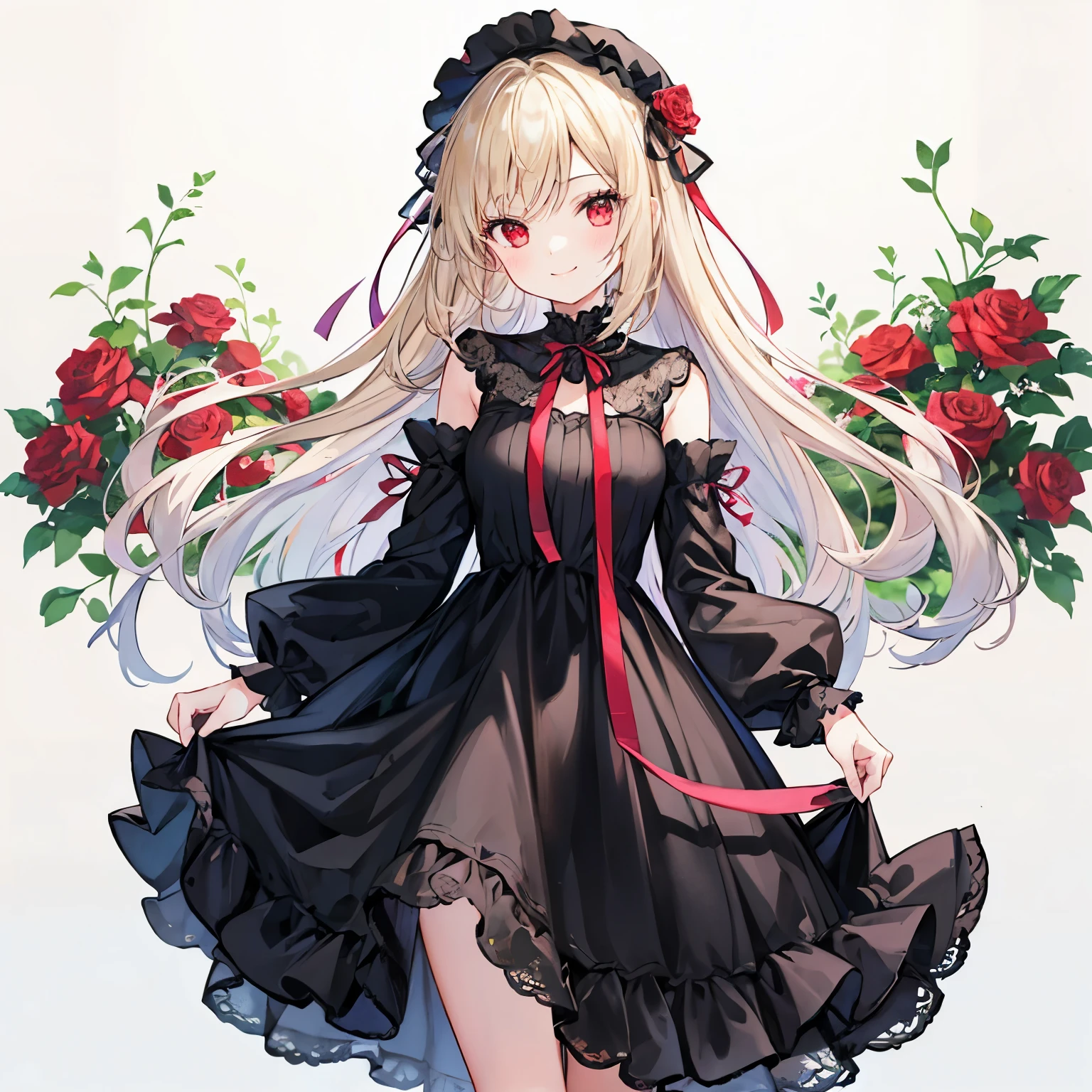 Girl with gray hair and red eyes、Blonde and red-eyed girl、A smile、Retro dresses、Surrounded by roses