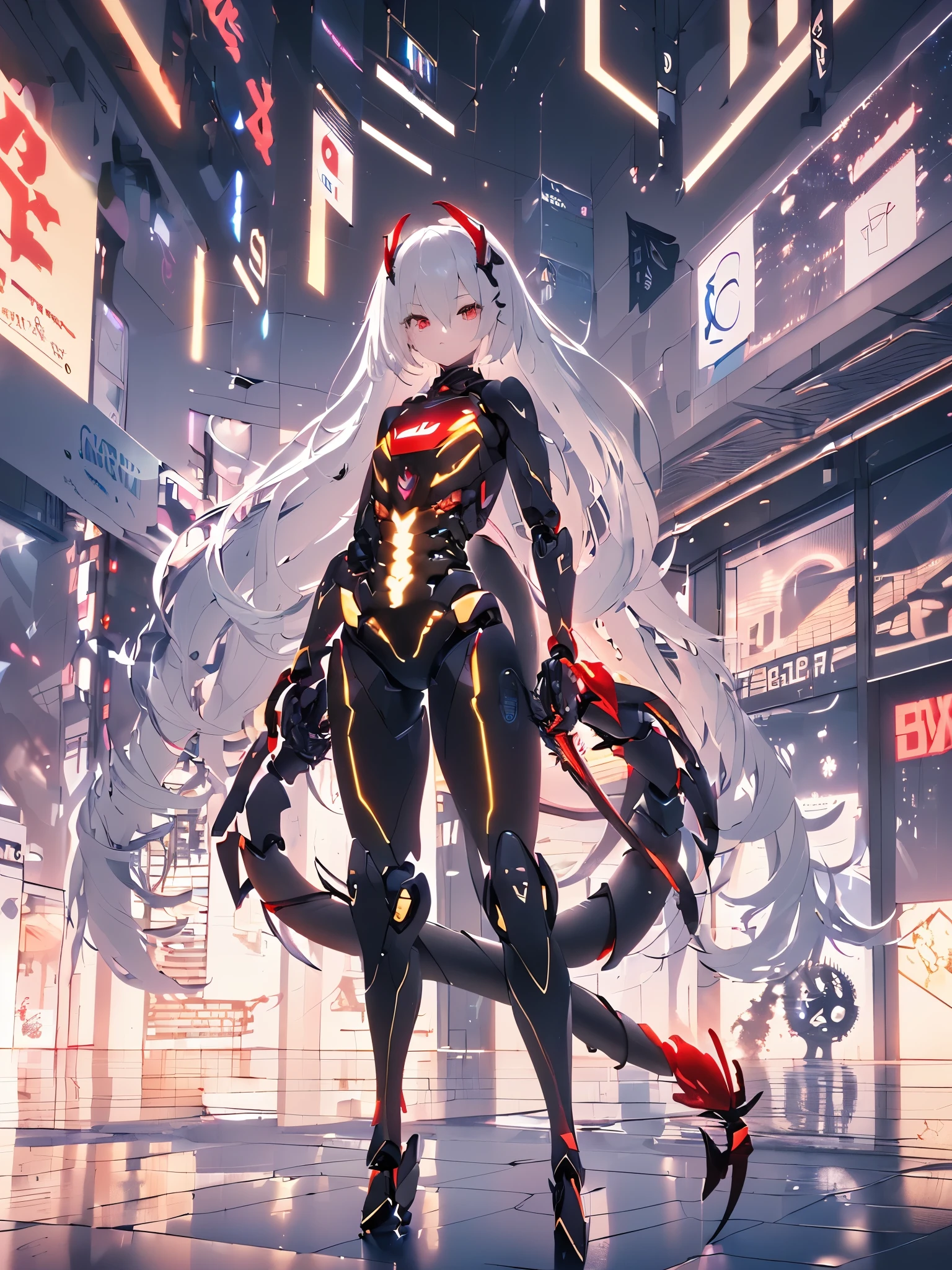 (8k, best quality, masterpiece:1.2),\(Eye details\),\(Facial features\),(\(Clothes detail details\)\),(1 girl:1.2),Mecha girl,solo,full body,Sophisticated 3D rendering of a beautiful Japanese girl Android , part, Beautiful studio soft lighting, rim light, Vibrant details, Luxury Cyberpunk, The body is made of organically flowing dark red and black gray transparent glass and plastic, Silver metal interior, dynamic poses, mobile organic ingredients, Meticulous carving, Lace design, Glowing golden circuit, H&#39;s Art,(Mechanical skeleton(Metal pelvis,Mechanical spine:1.2),high-tech robot,(bionic prosthetics(Mechanical scorpion tail mounted on spine,This tail is slender and sharp:1.2):1.3),(/black hair:1.2/),(long hair:1.1),(/shiny red eyes/),smooth skin,(This is an android:1.5),(small breasts:1.2),small ass,Mecha,warrior,