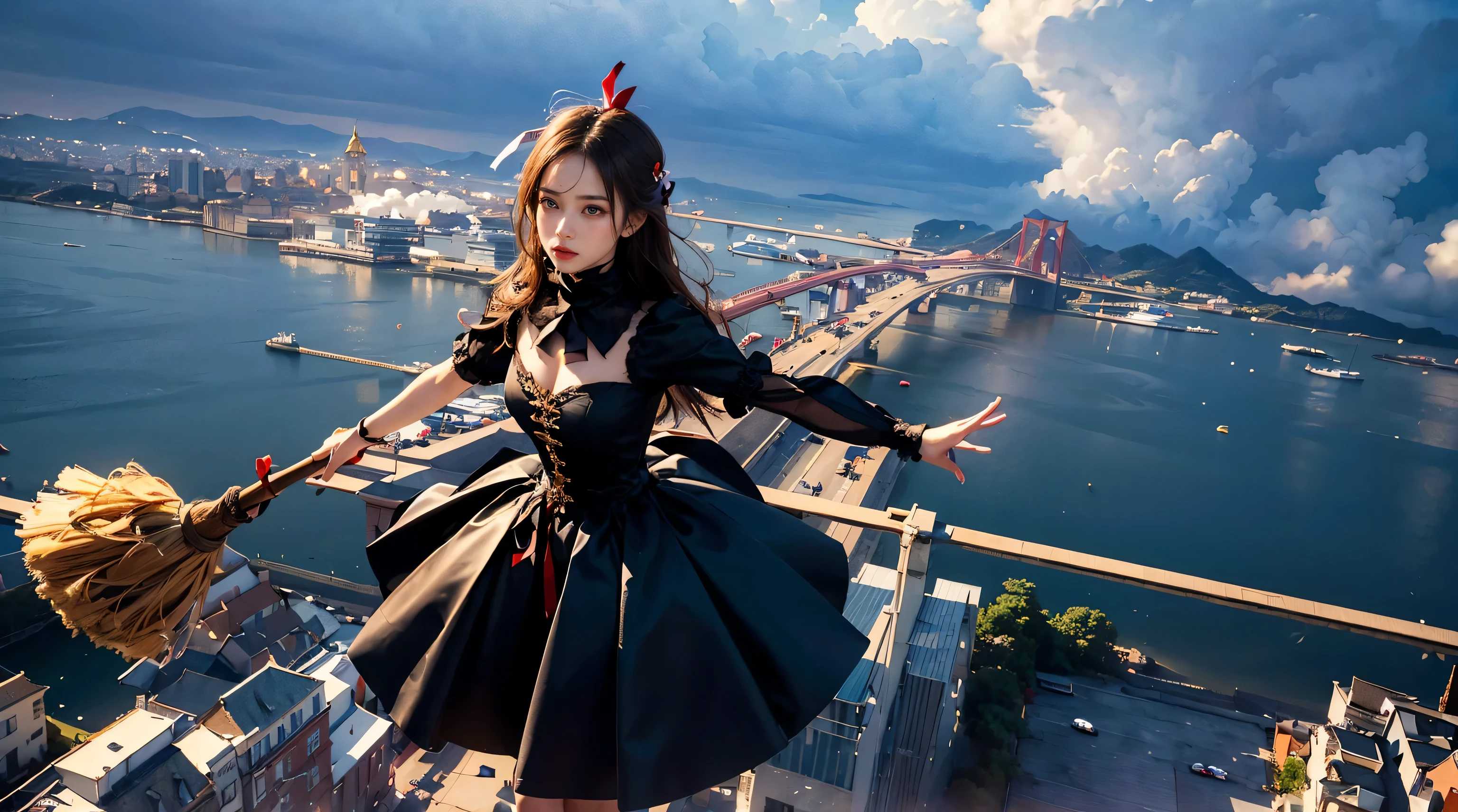 ((highest quality)), ((masterpiece)), (become familiar with), (perfect face),woman in a black dress、a large red ribbon on your head、((Fly in the sky with a broom))、pull configuration、portuguese boston、overlook the city、(cg),(3D),((reality)),Helicopter shot