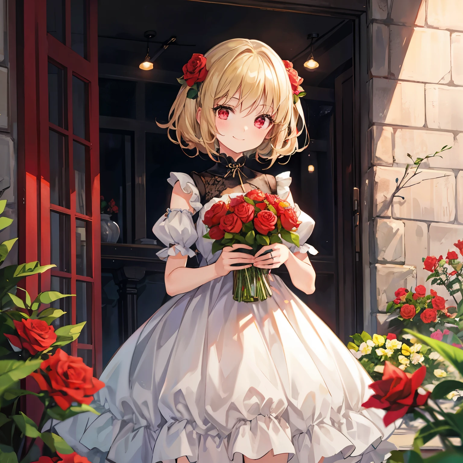 Girl with gray hair and red eyes、Blonde and red-eyed girl、A smile、Retro dresses、Surrounded by roses