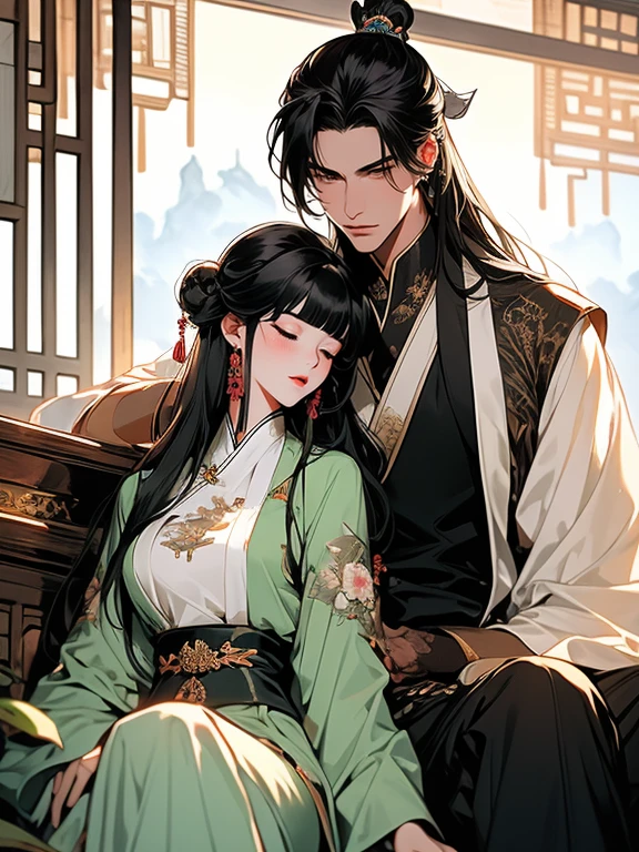 (best quality), ((masterpiece)), (highres), illustration, original, extremely detailed,licg, 1girl, 1boy, hair bun, black hair, white hair, chinese clothes, long sleeves, sitting, long hair, bangs, double bun, closed eyes, hanfu, hair ornament, black pants, blunt bangs