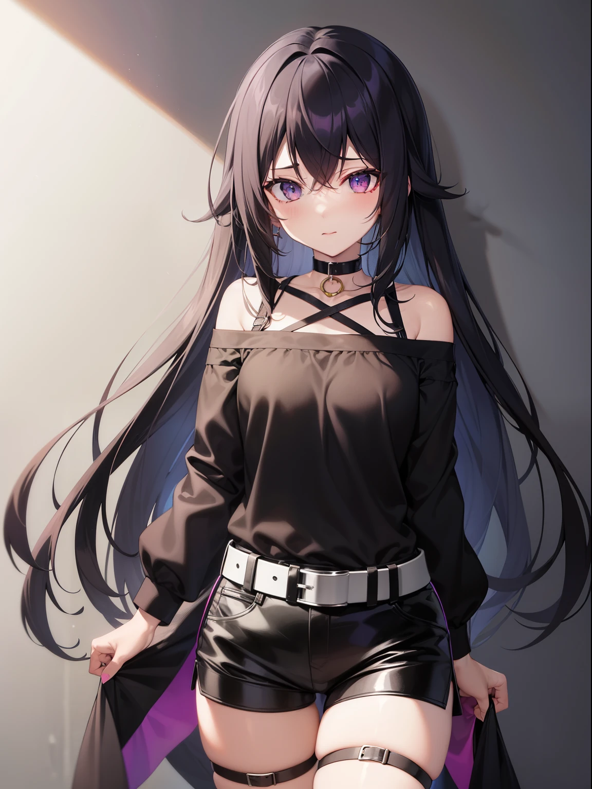 Anime girl, medium-long black hair, black and purple shirt, black shorts with belt, black heart leg strap