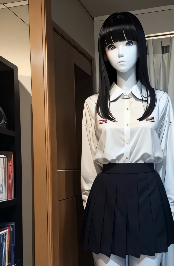 One full-body mannequin deep kisses a boom box,That mannequin is Erika Ikuta.,That mannequin is .,The height of the mannequin is 165cm,mannequin color'my face is white.,mannequin color'The body is pure white.,The mannequin has black hair(bangs),mannequin color'eyes are black.mannequin is wearing a girl'high school uniform.,The mannequin is playing a game on the computer.
