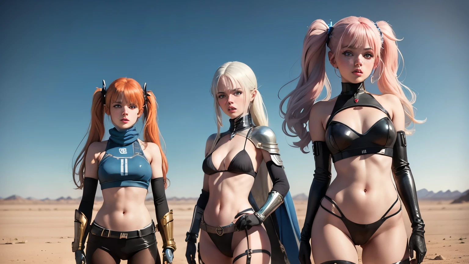 ((Barbarella)), 2 girls, cute 18-year-old girls in twin tails, ((perfect female body)) multiple rainbow colored hair, perfect detailed blue eyes, happy, Ukrainian, , pale skin, wearing a METALLIC color bikini, PANTYHOSE , panties, post apocalyptic background, bleak barren desert, photo realistic, cute redhead woman in twin tails, multiple rainbow colored hair, sky-blue eyes, happy, Ukrainian, , pale skin, wearing metallic color bikini, post apocalyptic background, bleak barren desert, photo realistic woman.