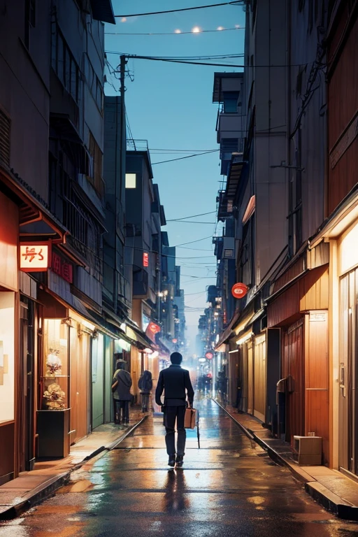 Anime scene of a man walking down the street dragging a suitcase, He is traveling through a dark city, Screenshots from the 2012 animation, 2 0 1 9 anime screenshot, Screenshots from animated movies, Anime screenshots, Still from TV animation, kyoto animation still, anime screenshot, animation still frame, Xin Haicheng&#39;s style