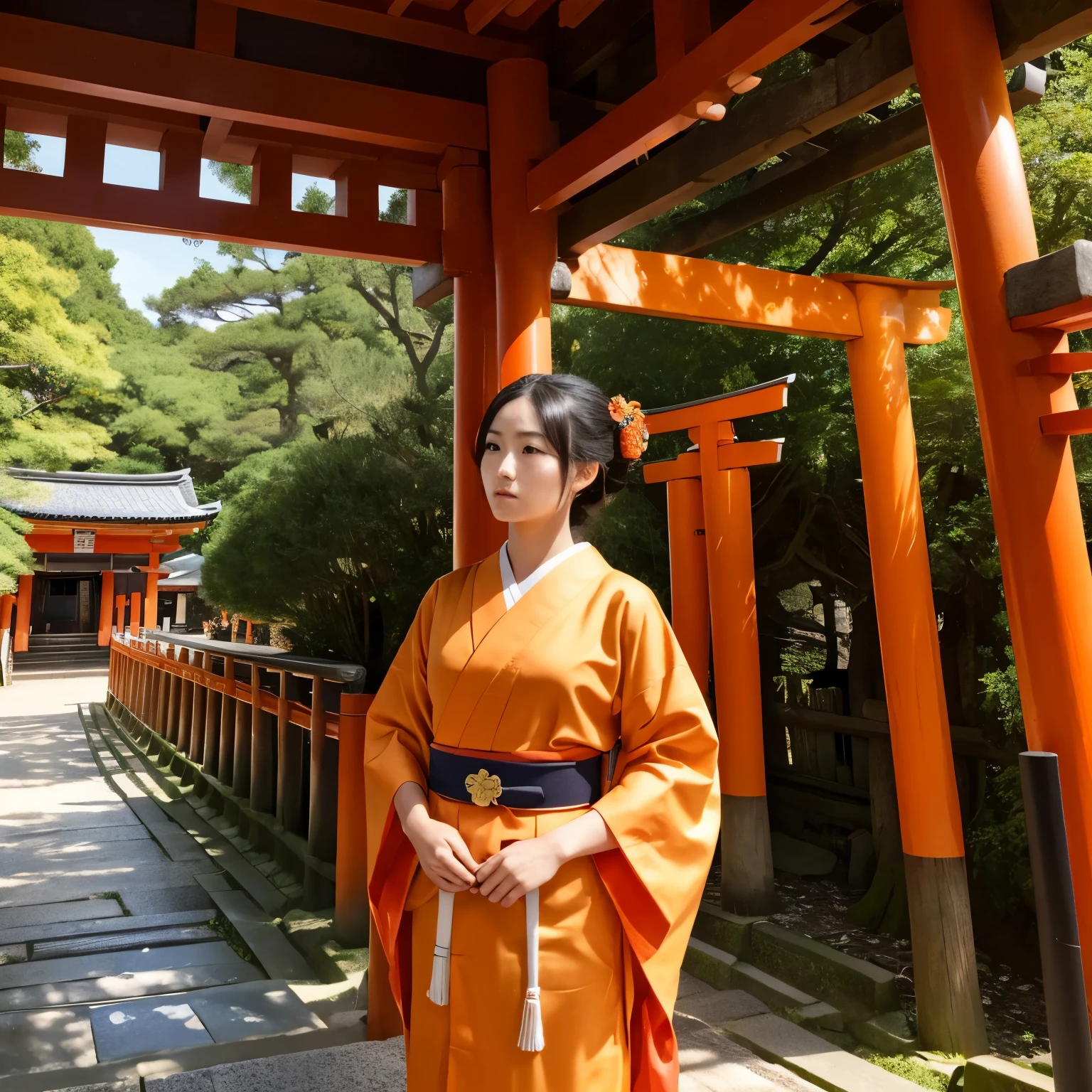Location: Fushimi Inari Shrine, Kyoto, featuring the famous path lined with thousands of vibrant orange torii gates.
Outfit: Traditional Japanese yukata in subtle earth tones, complementing the orange of the torii gates, tied with a simple obi belt.
Hair and Makeup: Hair styled in a classic, elegant updo, with makeup kept natural and understated, highlighting the natural beauty and the cultural setting.
Pose: A contemplative stance, standing infrount of the shrine.
Expression: A look of awe and respect, reflecting a deep appreciation for the cultural and spiritual significance of the shrine.