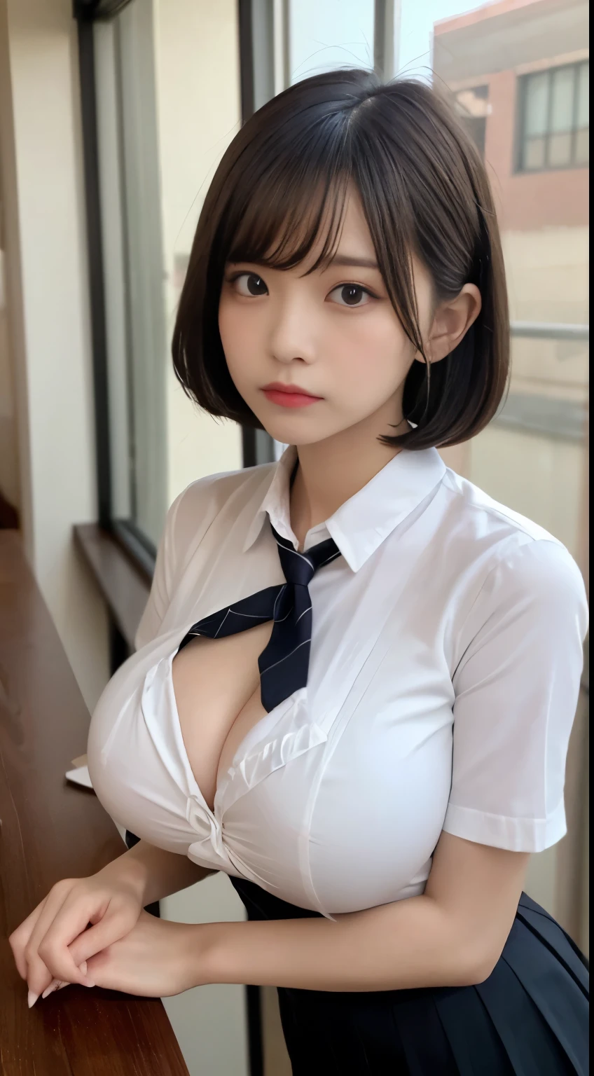 masterpieace, Best Quality, Illustration, Ultra-detailed, finely detail, hight resolution, 8K Wallpaper, Perfect dynamic composition, Beautiful detailed eyes, neck tie, Black high school uniform, frilled miniskirt, (Black hair 1.2), Short bob hair, (huge breasts:1.3), Cool pose, sneering, School, a 18 year old girl, Cool, (kawaii:1.3), (Beautie:1.5), Sexy shot looking at camera, Sunset, by the window, sidelong glance, glares, sullenness, Downer, a cool, boyish, looks sleepy