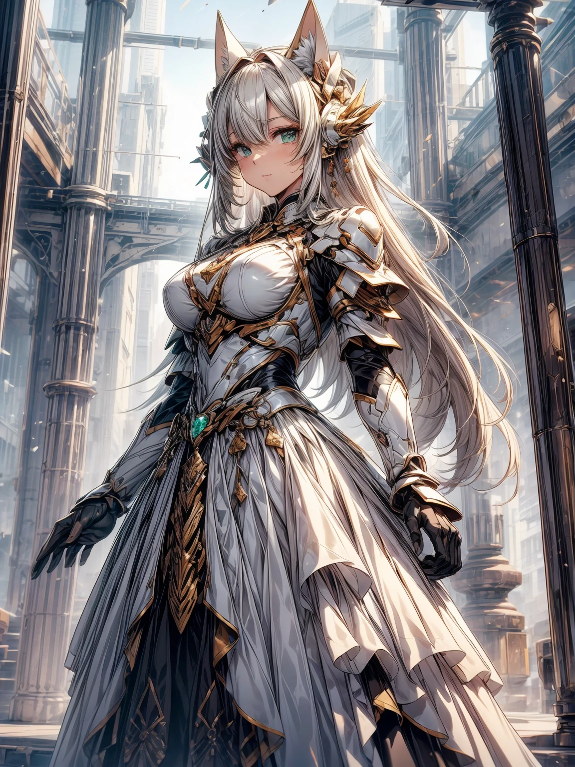 Delicate concept art style:1.1),(art nouveau:1.0),(one of the coolest beauties:1.0)、(20-year-old:1.0)、(medium breasts:1.0)、(in house、aristocratic luxury room、sunset window、stylish action pose:1.0)、(medium shot:1.0)、(written boundary depth:1.1)、break
(cute anime face:1.0)、(clear green eyes:1.0)、(Cybernetic Genoid:1.0)、(highly detailed mecha suit:1.3)、(white gothic quillas:1.ink medium hair:1.3)、(Cat ear:1.0)、(intricate dress shirts:1.2)、(Large Ribbon Tie:1.2)、(Big ruby brooch on the chest 1.1)、(gorgeous crinoline:1.2)、faint smile