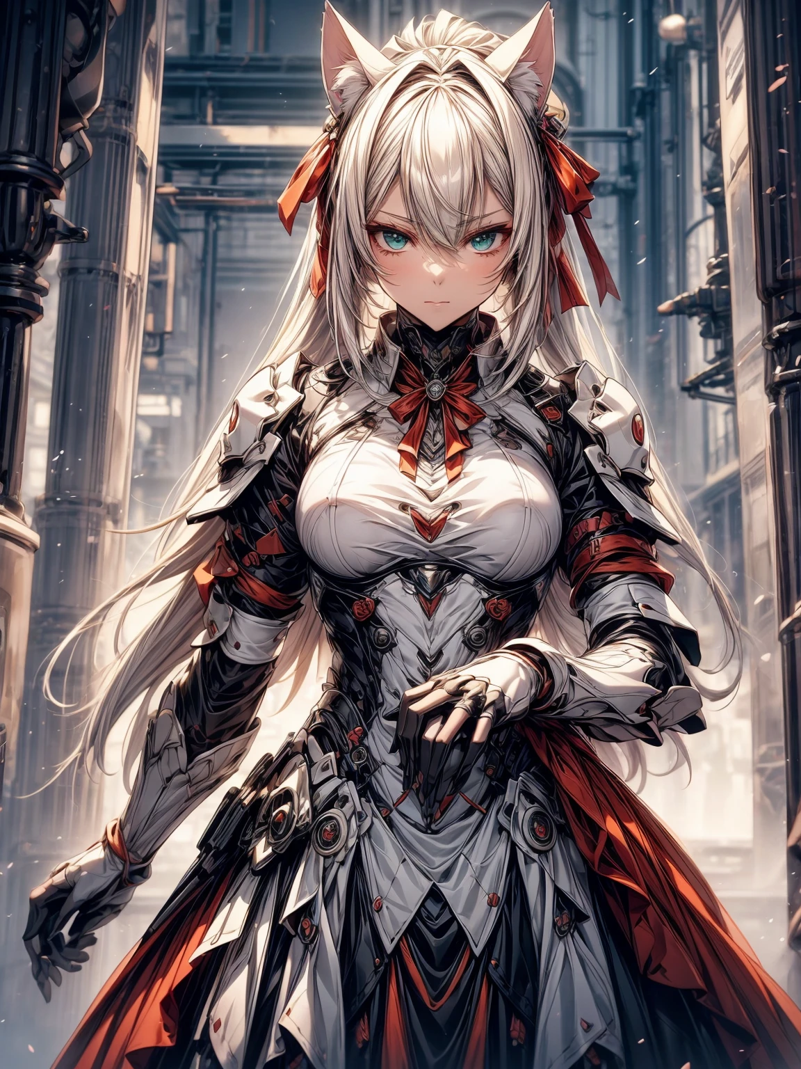 Delicate concept art style:1.1),(art nouveau:1.0),(one of the coolest beauties:1.0)、(20-year-old:1.0)、(medium breasts:1.0)、(in house、aristocratic luxury room、sunset window、stylish action pose:1.0)、(medium shot:1.0)、(written boundary depth:1.1)、break
(cute anime face:1.0)、(clear green eyes:1.0)、(Cybernetic Genoid:1.0)、(highly detailed mecha suit:1.3)、(white gothic quillas:1.ink medium hair:1.3)、(Cat ear:1.0)、(intricate dress shirts:1.2)、(Large Ribbon Tie:1.2)、(Big ruby brooch on the chest 1.1)、(gorgeous crinoline:1.2)、faint smile