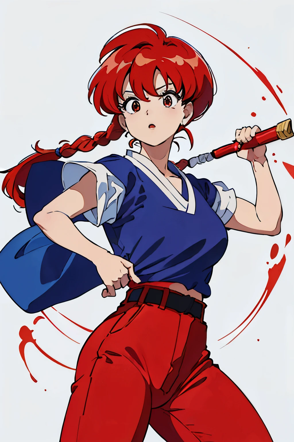 (8k, Foto RAW, La mejor calidad, Obra maestra:1.2), Ranma Chan, Ranma Red Shirt, red hair, braided belt, blue pants, martial art