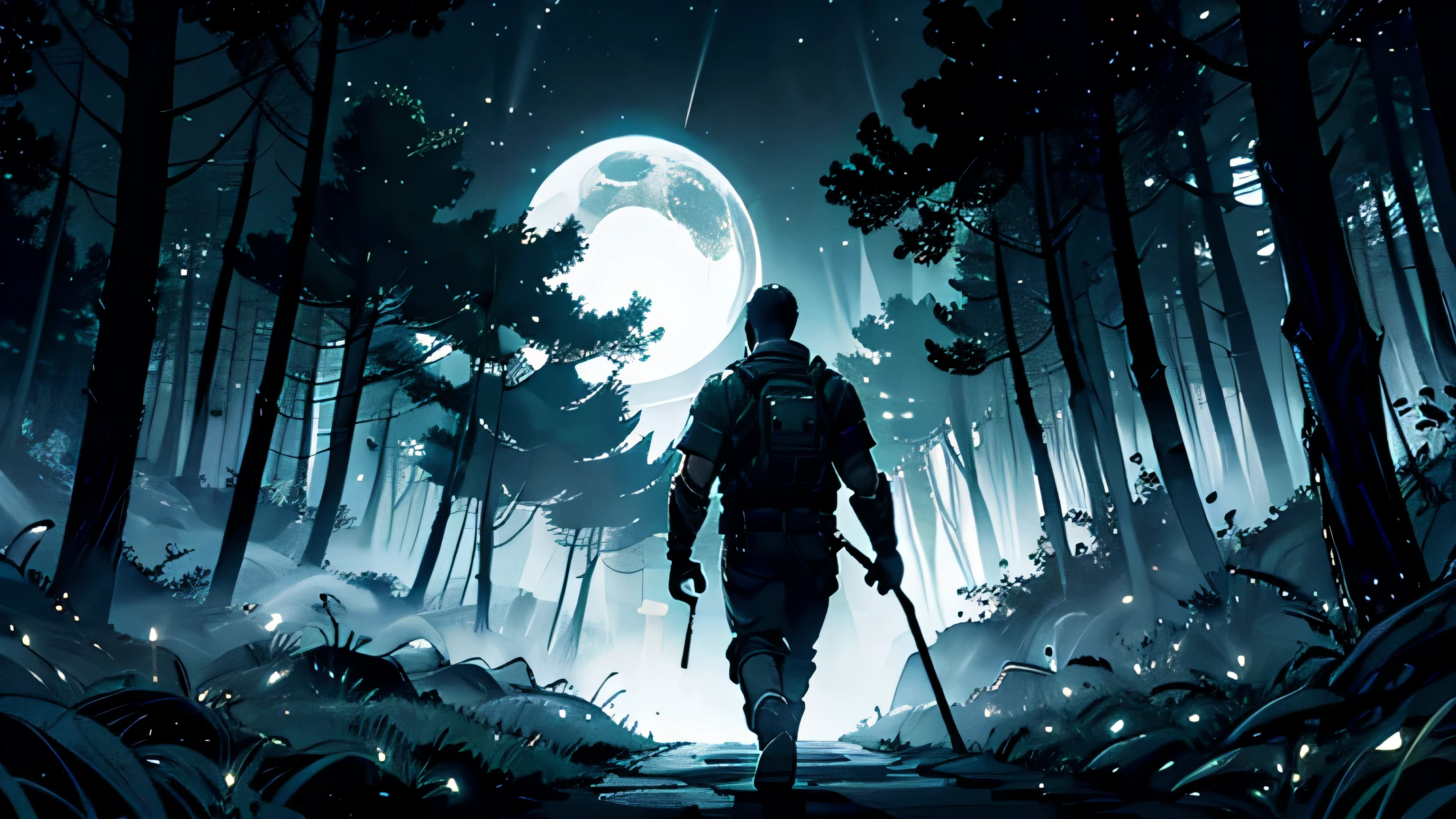 Gere uma imagem que represente um homem vestindo roupas de acampamento, with black boots and pants, camisa longa verde escura. He is walking along a trail in a tall forest with dense trees, holding a flashlight that lights the way in total darkness. A cena deve destacar a silhueta do homem, flashlight light creates dramatic contrasts between the trees and the surrounding darkness, conveying an atmosphere of nocturnal forest exploration.