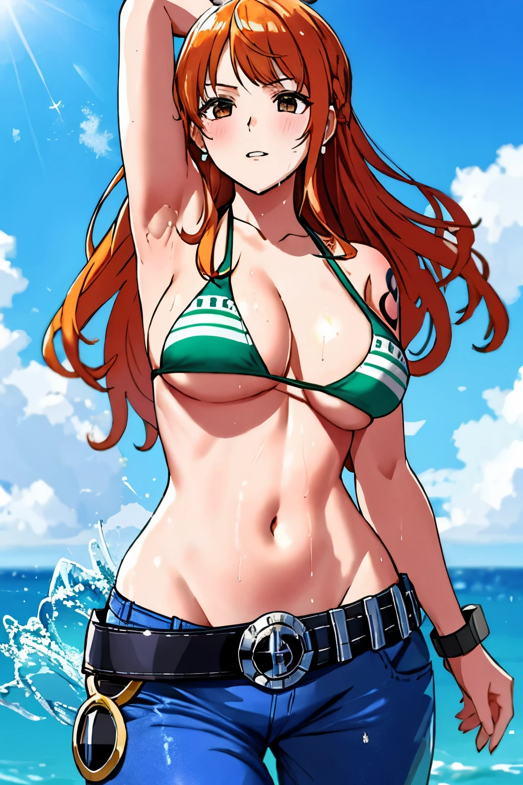detailed background, masterpiece, 4K, best quality, 늦은 request소년, adult, wrestler body, 1 woman, Active, energetic, Uppercut, (Big mouth) , alone, nami \(One Piece\), 1 woman, bangle, (Very wet, Drenched in sweat, sweating all over, Very wet hair, tired, breathe, get off, exhausted, outcry, Sweaty face, sweaty body, Panting, sweating too much, Glittering sweat, sweaty armpits, trend, hands on hips, Serious, glaring), Perfect, detailed face, draw a thick line, muscular arms, Detailed and thick arm lines, Flat chin, adult woman, Wide striped bangs with waves, floating bangs, (Big cheeks), bare shoulders, off shoulder, belt, bikini, bikini top only, blue sky, bracelet, Elastic breasts, chest line, Big round eyes, very large and bright brown eyes, foam, 높은 눈 stomach치, divided, cloud, afternoon, request, earring, floating hair, shiny hair, green belt, green bikini, thick groin line, requestpants, jewelry store, medium chest, Log Pose, long hair, looking at viewer, navel, wet hair, Orange hair, pants, shoulder Tattoo, Side lock, sky, alone, standing, stomach, swimsuit, Tattoo , looking at viewer, get off, Detailed left arm, large forehead, hourglass shape, small head, a toned body, Broad head, wind effect, The Sun Effect, Under the sun, Narrow small ear angle, previous, 무작stomach 포즈,