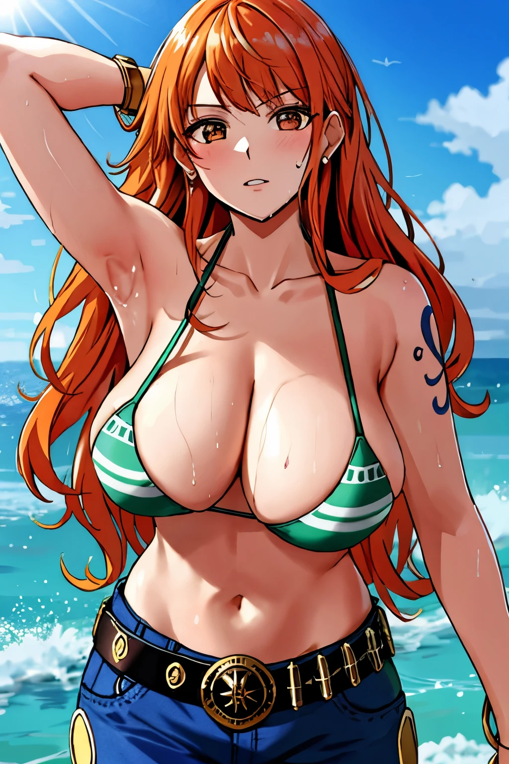 detailed background, masterpiece, 4K, best quality, 늦은 request소년, adult, wrestler body, 1 woman, Active, energetic, Uppercut, (Big mouth) , alone, nami \(One Piece\), 1 woman, bangle, (Very wet, Drenched in sweat, sweating all over, Very wet hair, tired, breathe, get off, exhausted, outcry, Sweaty face, sweaty body, Panting, sweating too much, Glittering sweat, sweaty armpits, trend, hands on hips, Serious, glaring), Perfect, detailed face, draw a thick line, muscular arms, Detailed and thick arm lines, Flat chin, adult woman, Wide striped bangs with waves, floating bangs, (Big cheeks), bare shoulders, off shoulder, belt, bikini, bikini top only, blue sky, bracelet, Elastic breasts, chest line, Big round eyes, very large and bright brown eyes, foam, 높은 눈 stomach치, divided, cloud, afternoon, request, earring, floating hair, shiny hair, green belt, green bikini, thick groin line, requestpants, jewelry store, medium chest, Log Pose, long hair, looking at viewer, navel, wet hair, Orange hair, pants, shoulder Tattoo, Side lock, sky, alone, standing, stomach, swimsuit, Tattoo , looking at viewer, get off, Detailed left arm, large forehead, hourglass shape, small head, a toned body, Broad head, wind effect, The Sun Effect, Under the sun, Narrow small ear angle, previous, 무작stomach 포즈,