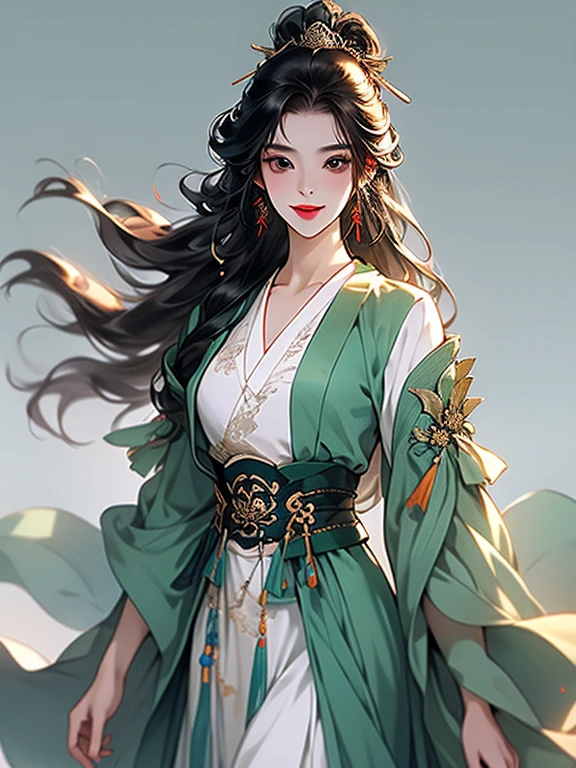 (best quality), ((masterpiece)), (highres), illustration, original, extremely detailed,licg, 1girl, solo, hanfu, white background, jewelry, hair ornament, earrings, chinese clothes, black hair, looking at viewer, simple background, long hair, sash, long sleeves, smile