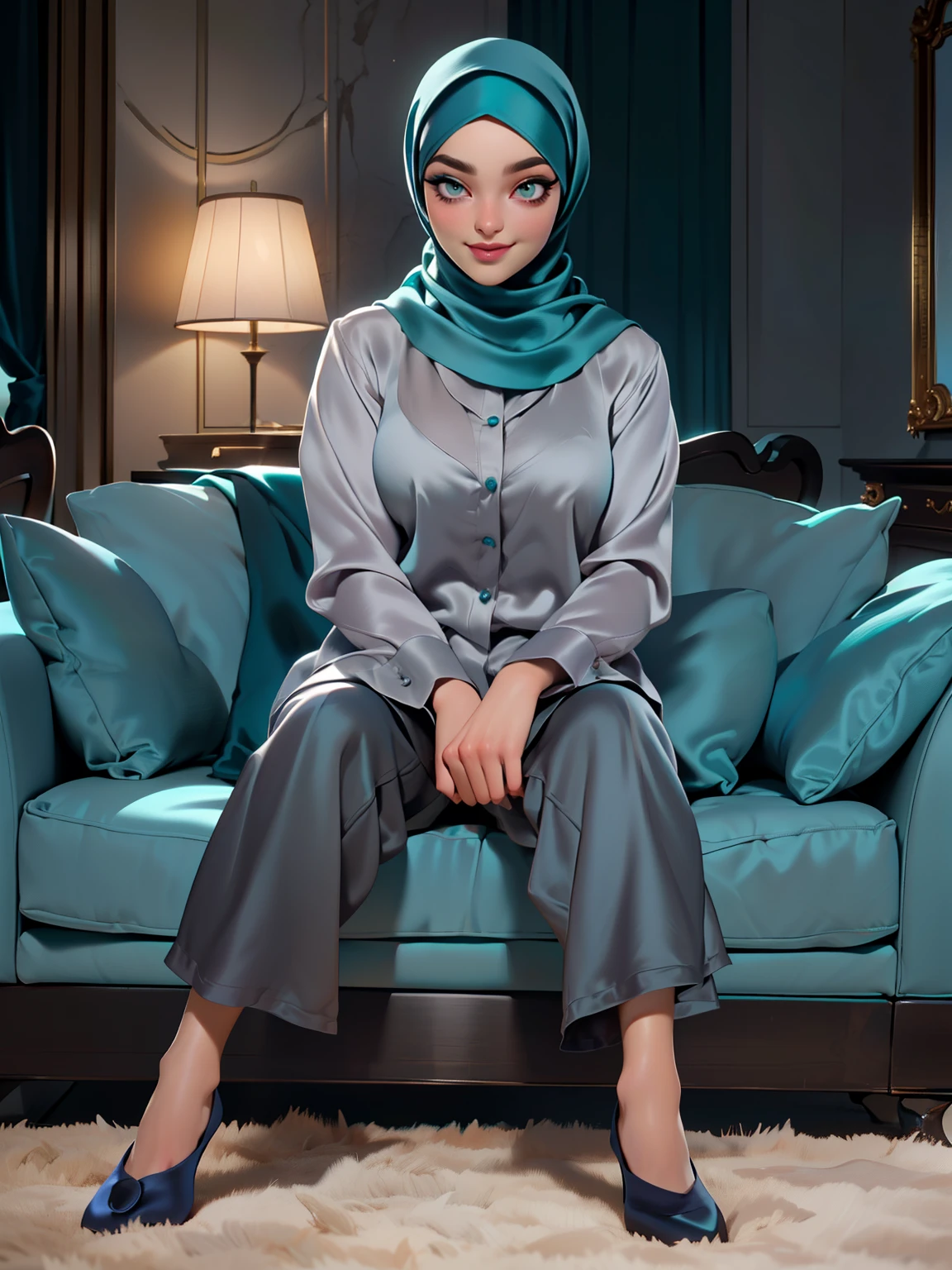 3DMM, ((Masterpiece, best quality, photography, detailed skin, realistic, photo-realistic, 8k, highly detailed, full length frame, High detail RAW color art, diffused soft lighting, shallow depth of field, sharp focus, hyperrealism, cinematic lighting, hijab, a woman, beautifully makeup, eyeshadow, beautiful big eyes, long eye lashes, tempting smile, wearing (Teal satin hijab), loosely tide hijab style, ((gray satin shirt)), satin long pants, laying on sofa, luxury hotel room, full body, front view