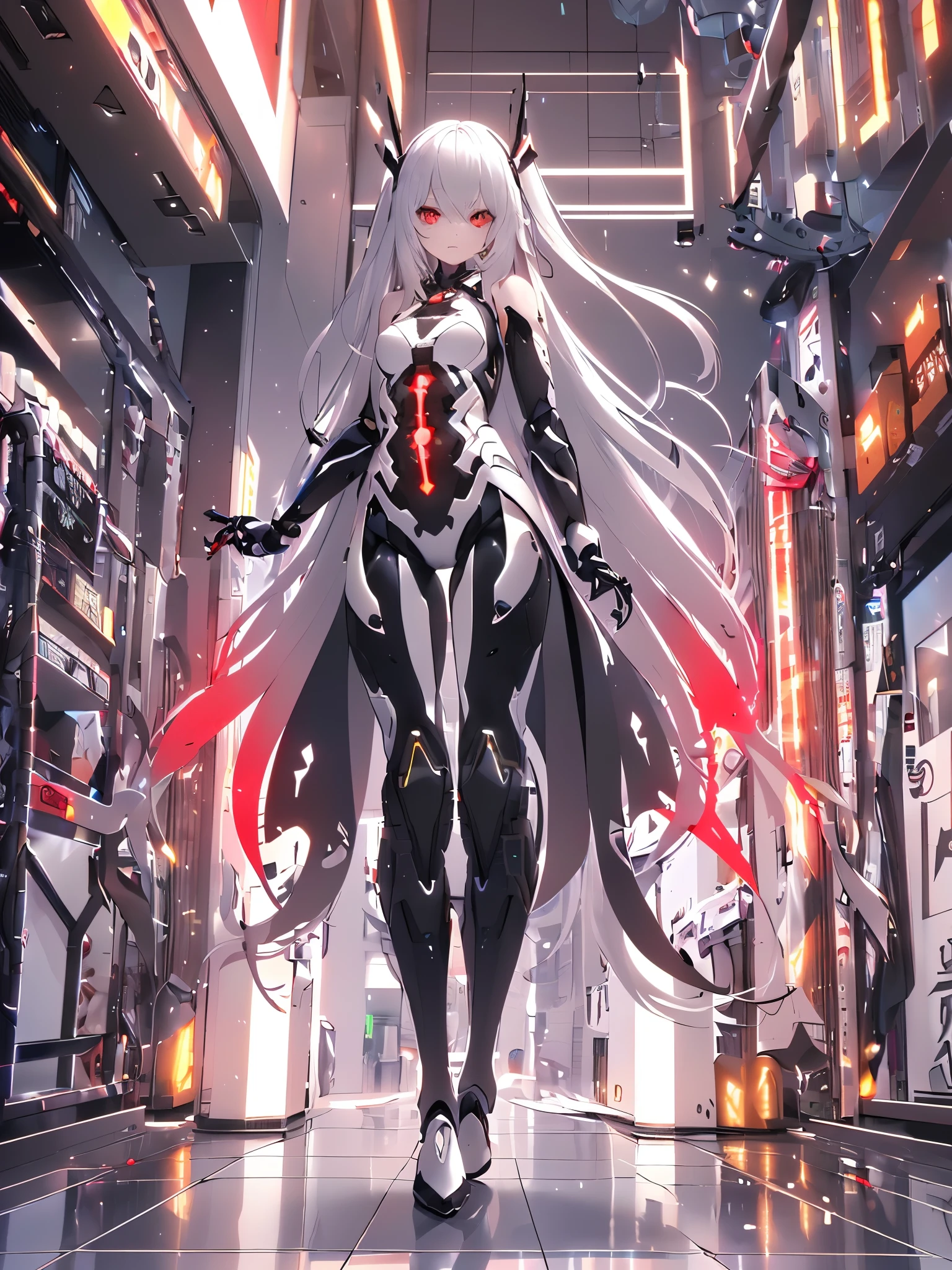 (8k, best quality, masterpiece:1.2),\(Eye details\),\(Facial features\),(\(Clothes detail details\)\),(1 girl:1.2),Mecha girl,solo,full body,Sophisticated 3D rendering of a beautiful Japanese girl Android , part, Beautiful studio soft lighting, rim light, Vibrant details, Luxury Cyberpunk, The body is made of organically flowing porcelain white and black gray transparent glass and plastic, Silver metal interior, dynamic poses, mobile organic ingredients, Meticulous carving, Lace design, glowing red circuit, H&#39;s Art,(Mechanical skeleton(Metal pelvis,Mechanical spine:1.2),high-tech robot,(/black hair:1.2/),(long hair:1.1),(/shiny red eyes/),smooth skin,(This is an android:1.5),(small breasts:1.2),small ass,Mecha,warrior,