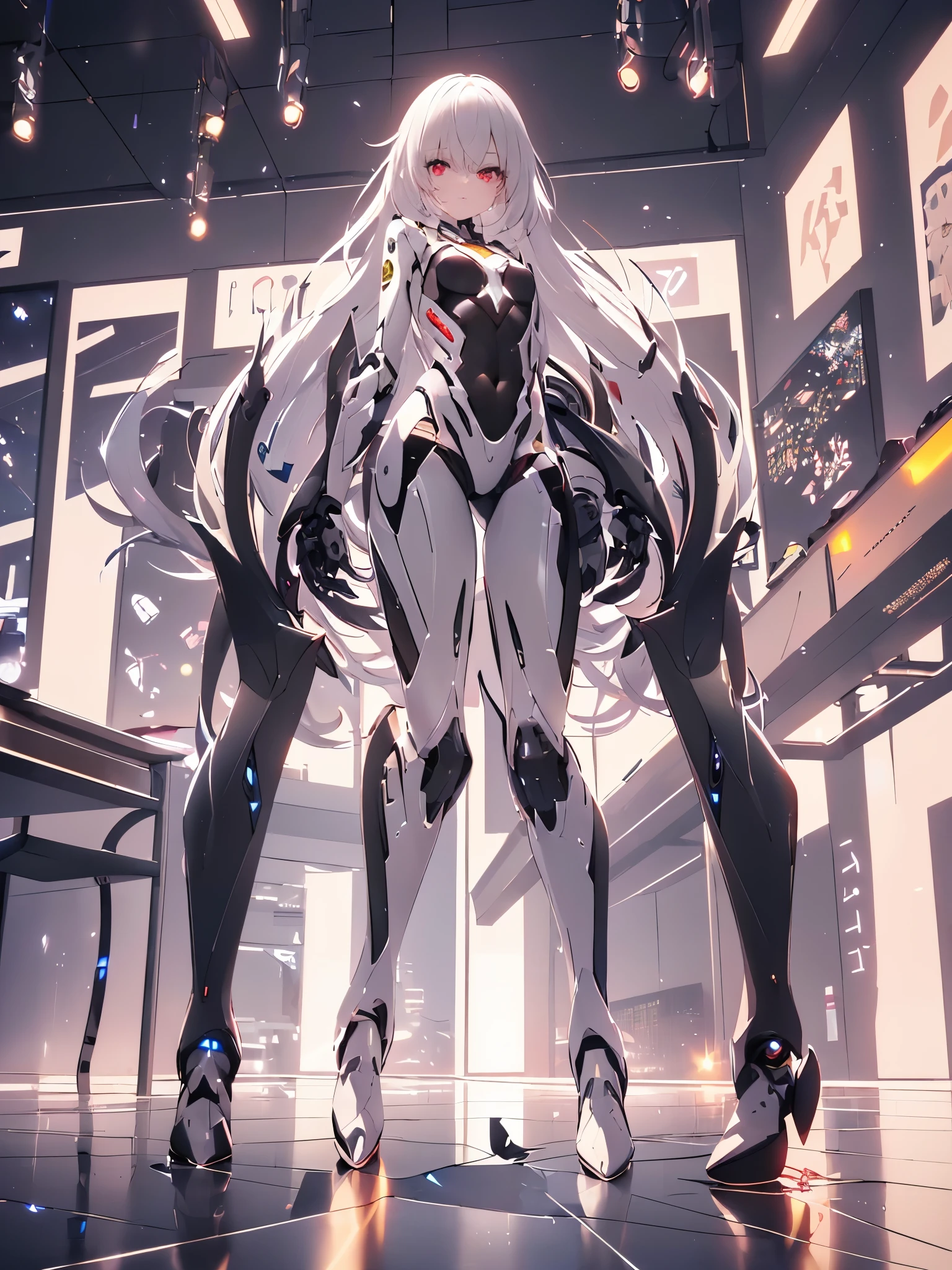 (8k, best quality, masterpiece:1.2),\(Eye details\),\(Facial features\),(\(Clothes detail details\)\),(1 girl:1.2),Mecha girl,solo,full body,Sophisticated 3D rendering of a beautiful Japanese girl Android , part, Beautiful studio soft lighting, rim light, Vibrant details, Luxury Cyberpunk, The body is made of organically flowing porcelain white and black gray transparent glass and plastic, Silver metal interior, dynamic poses, mobile organic ingredients, Meticulous carving, Lace design, glowing red circuit, H&#39;s Art,(Mechanical skeleton(Metal pelvis,Mechanical spine:1.2),high-tech robot,(/black hair:1.2/),(long hair:1.1),(/shiny red eyes/),smooth skin,(This is an android:1.5),(small breasts:1.2),small ass,Mecha,warrior,