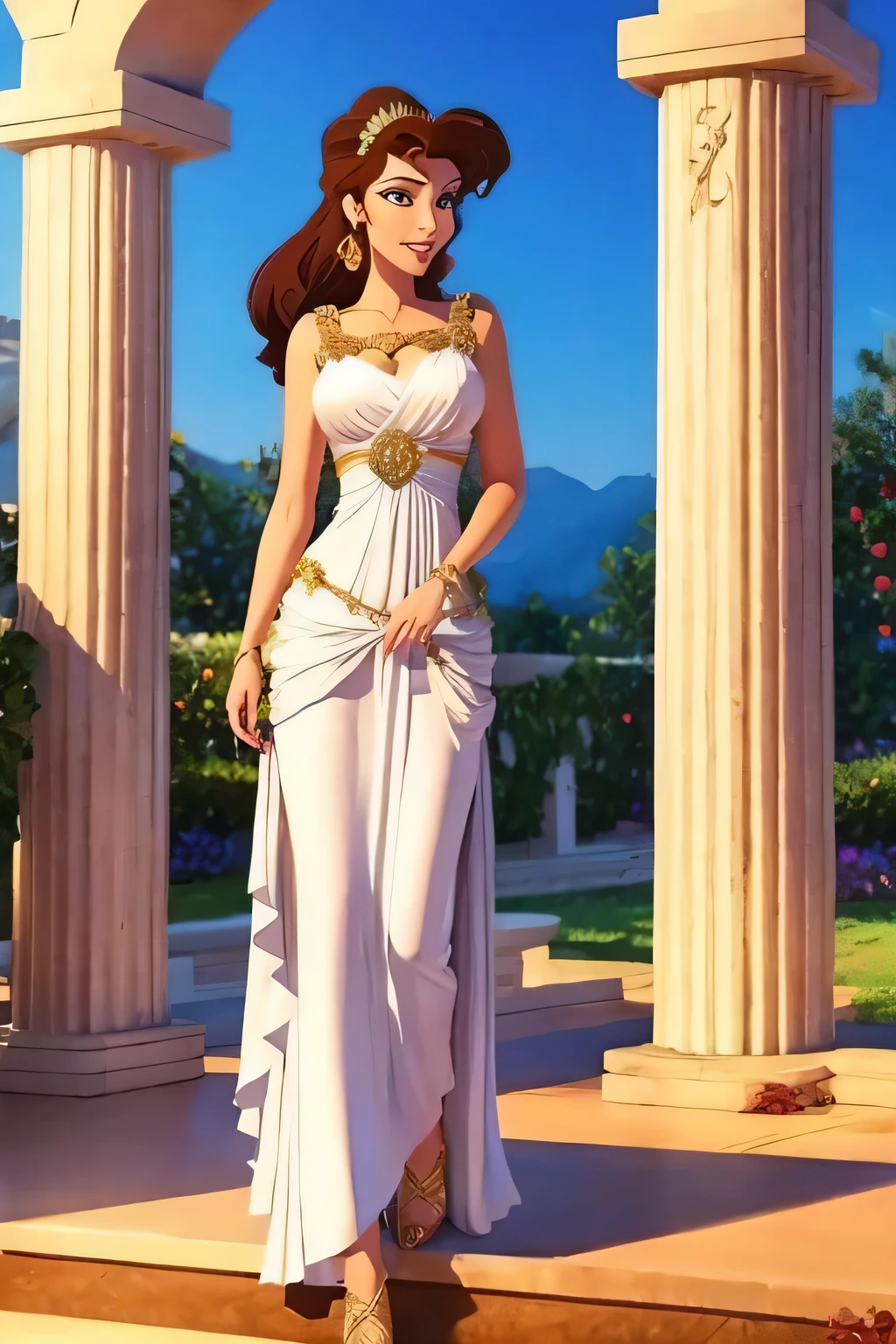 brunette Megara wearing bright white goddess greek dress, on greek garden background, walking hapilly holding a white flower, goddess hair with golden jewel, disney animation style, best quality, digital art, 2D