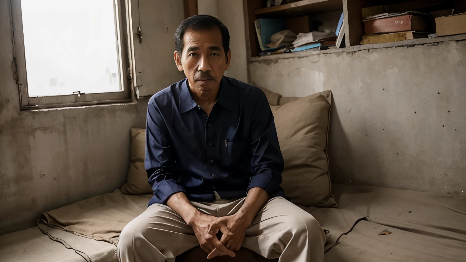 Joko Widodo,the president of indonesia, He is sitting in the poor area, wearing poor dress, He is wearing loose clothes,