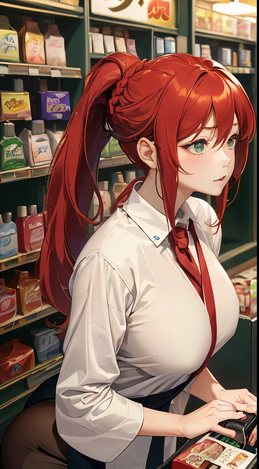 1 female, alone, Height: 177cm, long hair, ((put your hair up:1.5, Vermilion hair:1.4)), green eyes, long eyes:1.4,highly detailed eyes, ((Convenience store clerk:1.4)), expressive face, Inside the convenience store, colorful, high contrast, (masterpiece), wallpaper, dynamic pose, beautiful woman、((E-cup upturned breasts, big firm butt)), apron and shirt