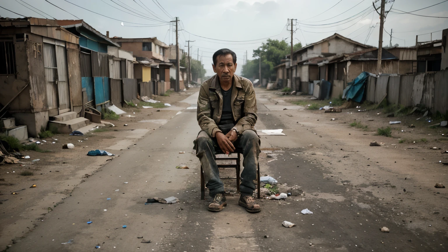 Joko Widodo,president of indonesia, sitting in a poor area, road, wearing worn-out clothes, loose clothes, broken objects scattered around him,(best quality,4k,8k,highres,masterpiece:1.2),ultra-detailed,(realistic,photorealistic,photo-realistic:1.37),poverty,hope,inspiration,leadership,empathy,impoverished community,persistence,desolation,unity,struggle,adversity,determination, resilience,humble gaze,solemn expression,surrounded by dilapidated buildings,sunlight filtering through the cracks, dusty atmosphere,rundown infrastructure,faded paint,cracked walls,dilapidated windows,overgrown plants and weeds,gritty texture,major contrasts between luxury and poverty,streets lined with trash,poor sanitation,unpaved road,low-income housing, children playing nearby with worn-out toys,wide angle view,faded colors,dirt and grime,heavy shadows,overcast sky,muted tones,uneven lighting,peaceful ambiance,gritty and raw emotions,hardship,poor living conditions,docu-style photography,disparity in society.